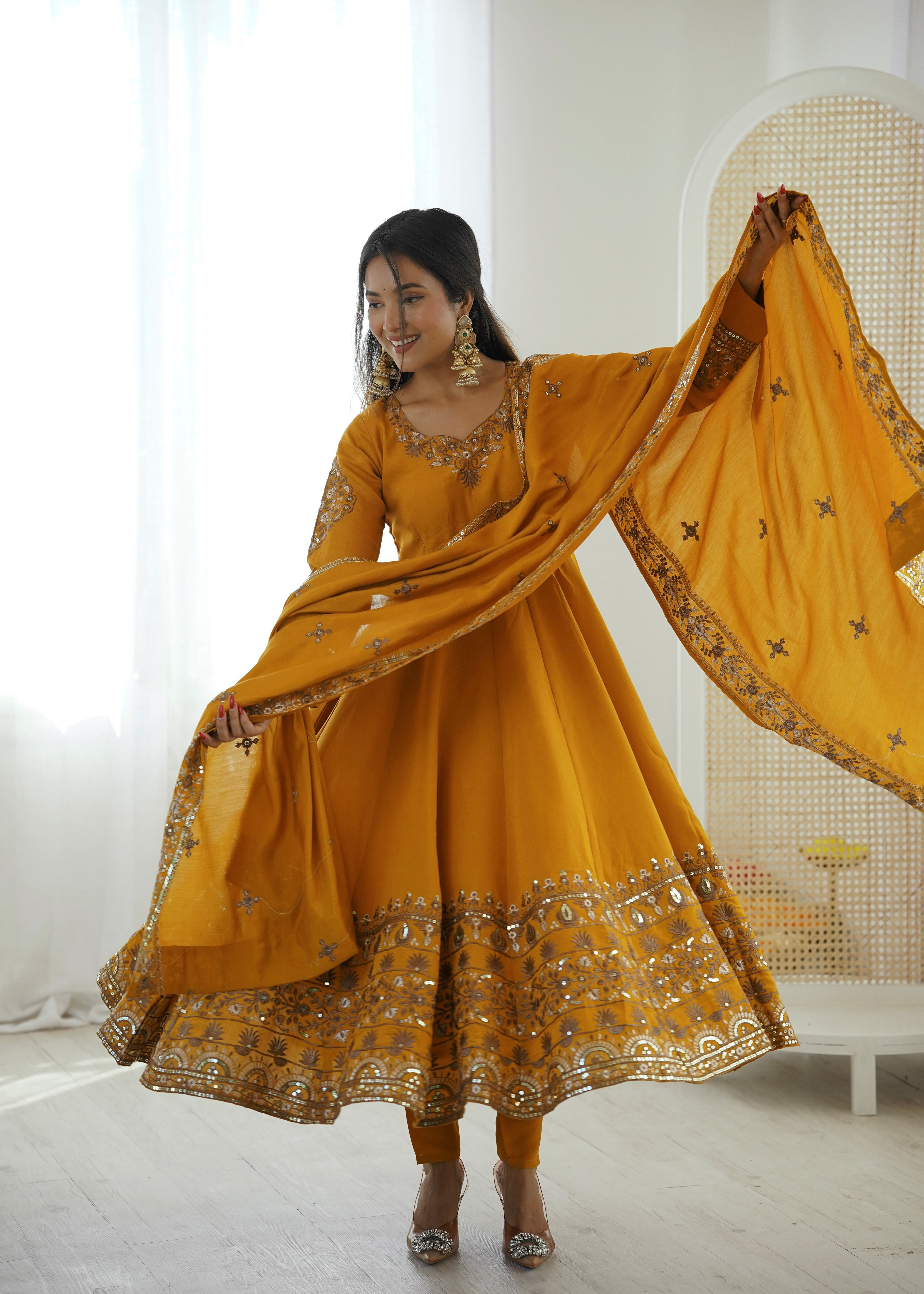 Mustard Color Embroidered Sequence Designer Anarkali Three Piece Set in Roman Silk | Nardev Fashion
