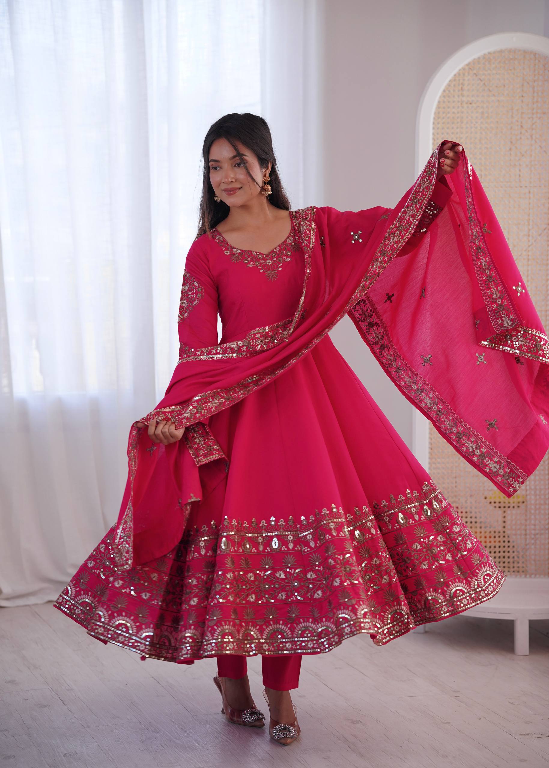 Pink Color Embroidered Sequence Designer Anarkali Three Piece Set in Roman Silk | Nardev Fashion