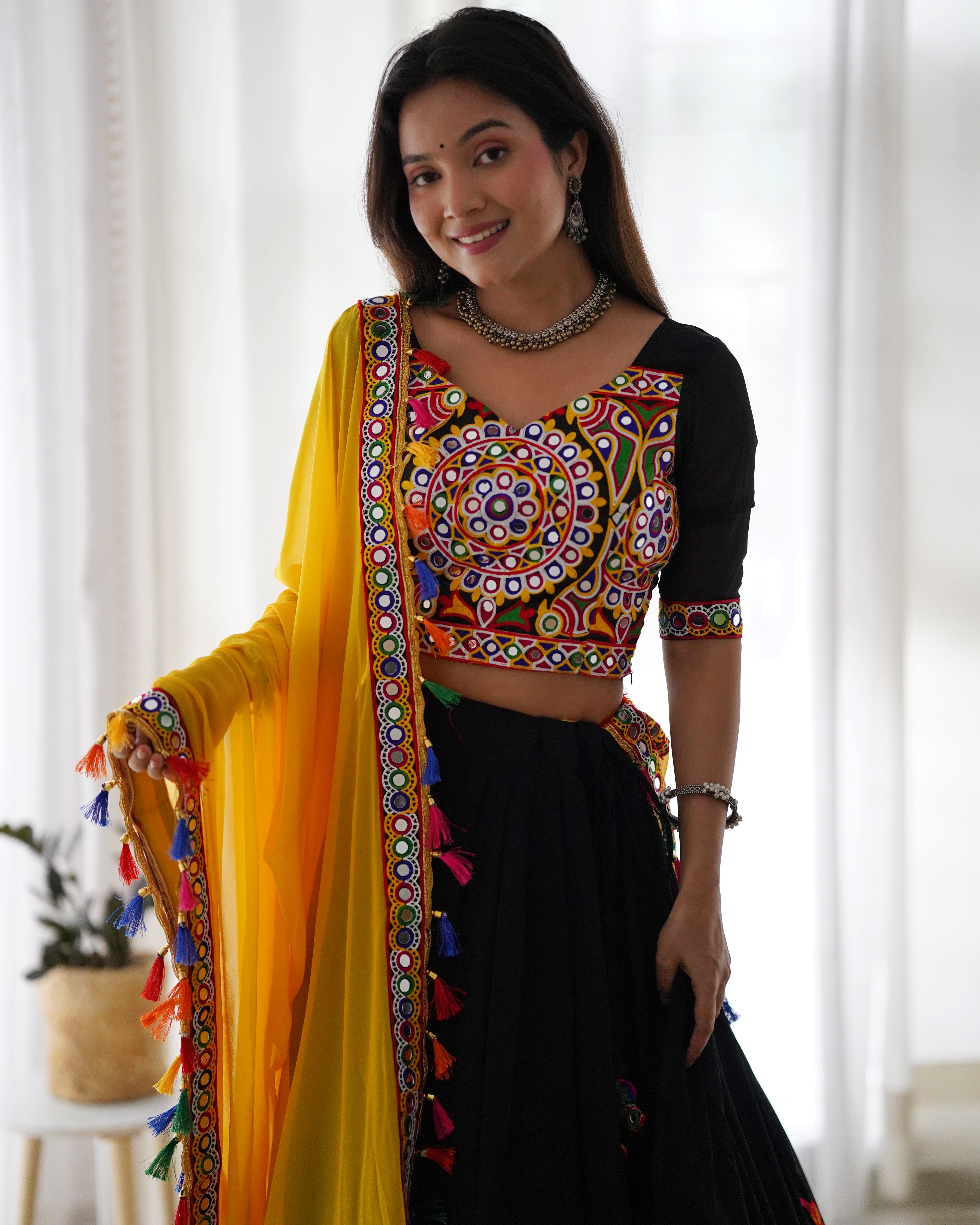 Black & Yellow Navratri Lehenga Choli with Original Mirror Work | Traditional Garba Lehenga Set