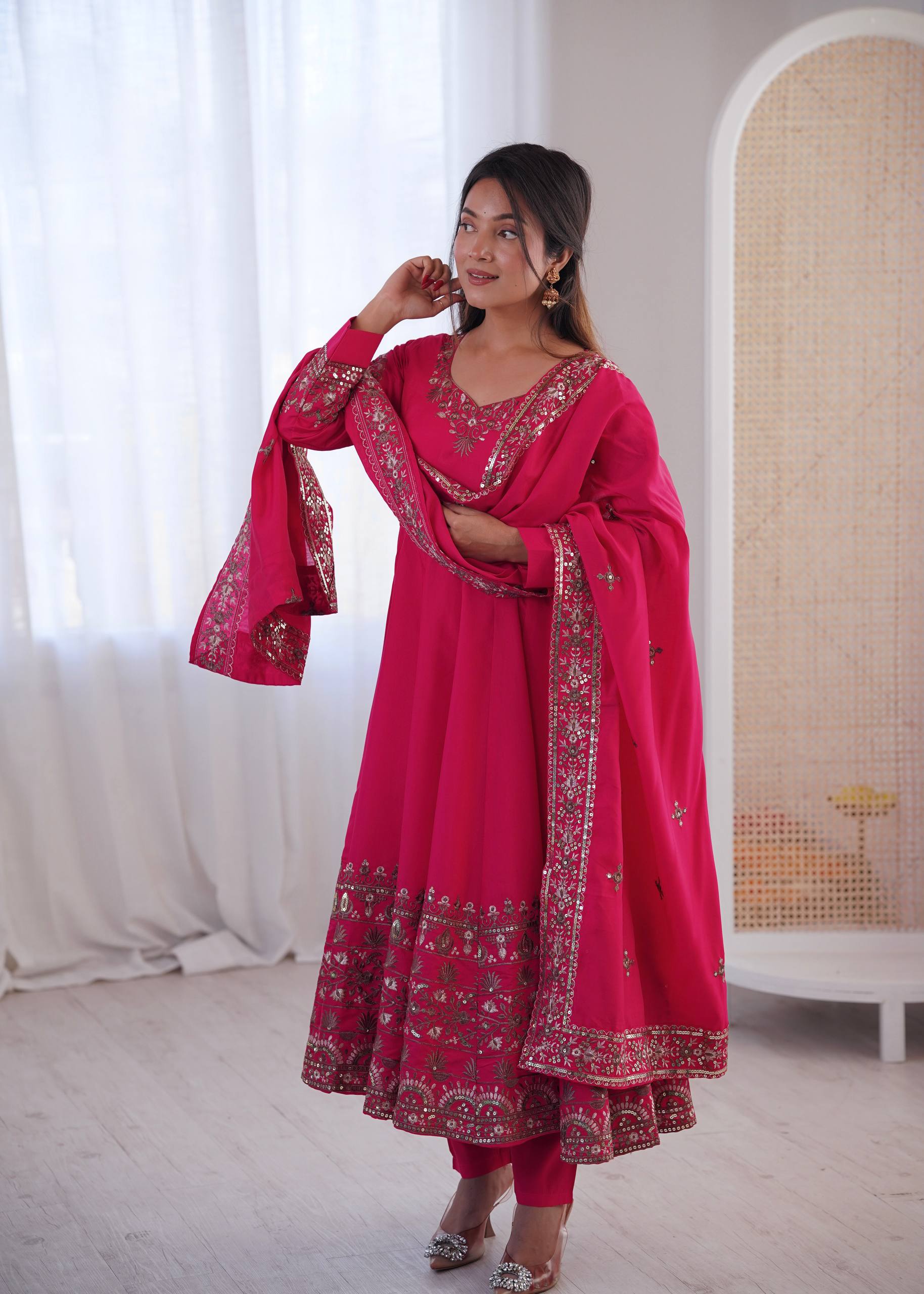 Pink Color Embroidered Sequence Designer Anarkali Three Piece Set in Roman Silk | Nardev Fashion