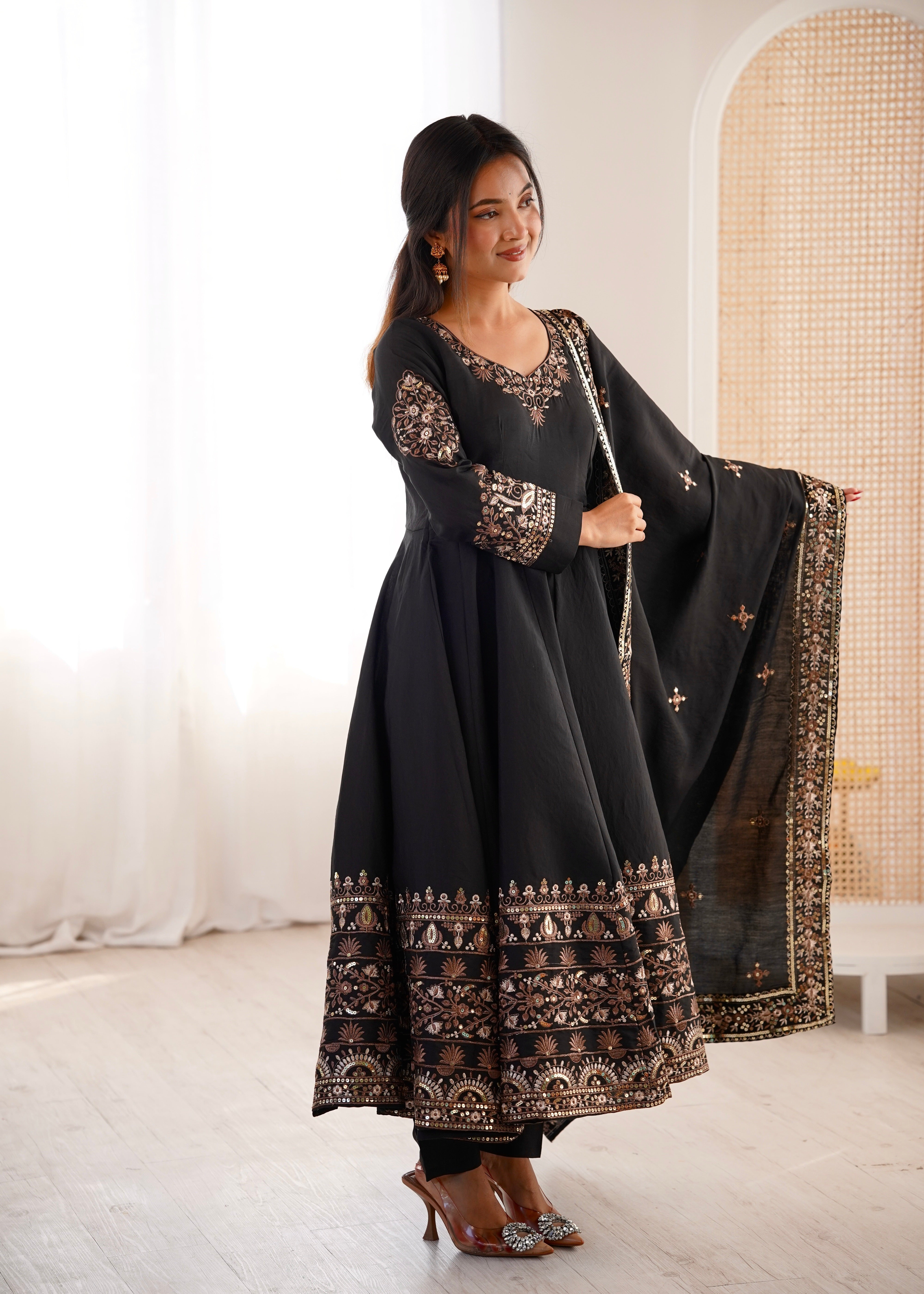 Black Color Embroidered Sequence Designer Anarkali Three Piece Set in Roman Silk | Nardev Fashion