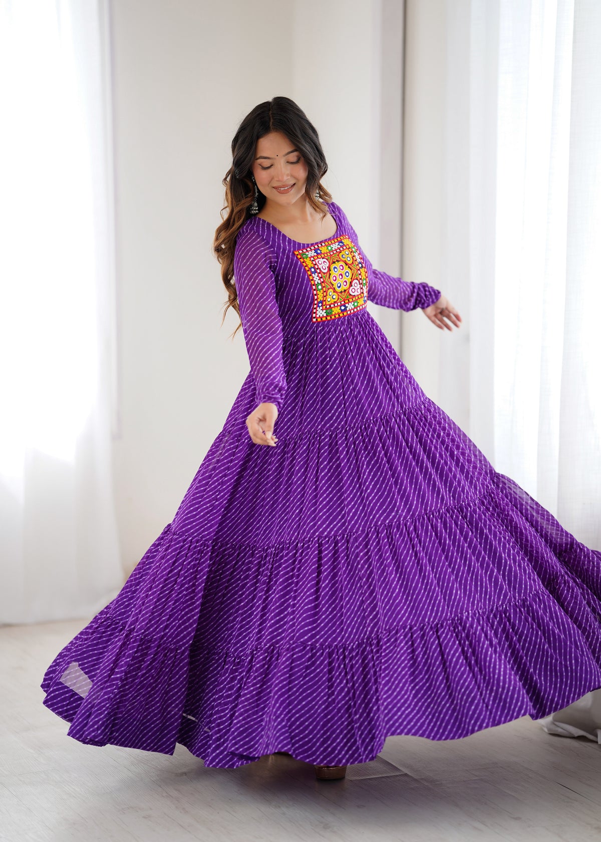 Purple Laheriya Print 7 Meter Flair Anarkali Gown
