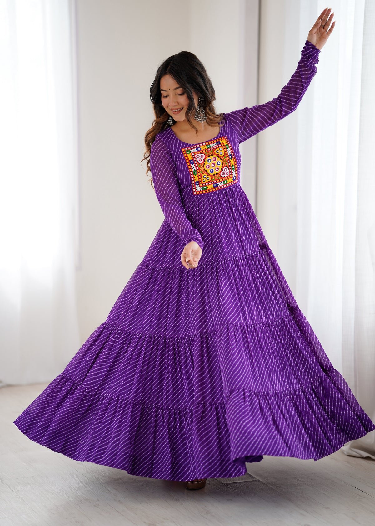 Purple Laheriya Print 7 Meter Flair Anarkali Gown