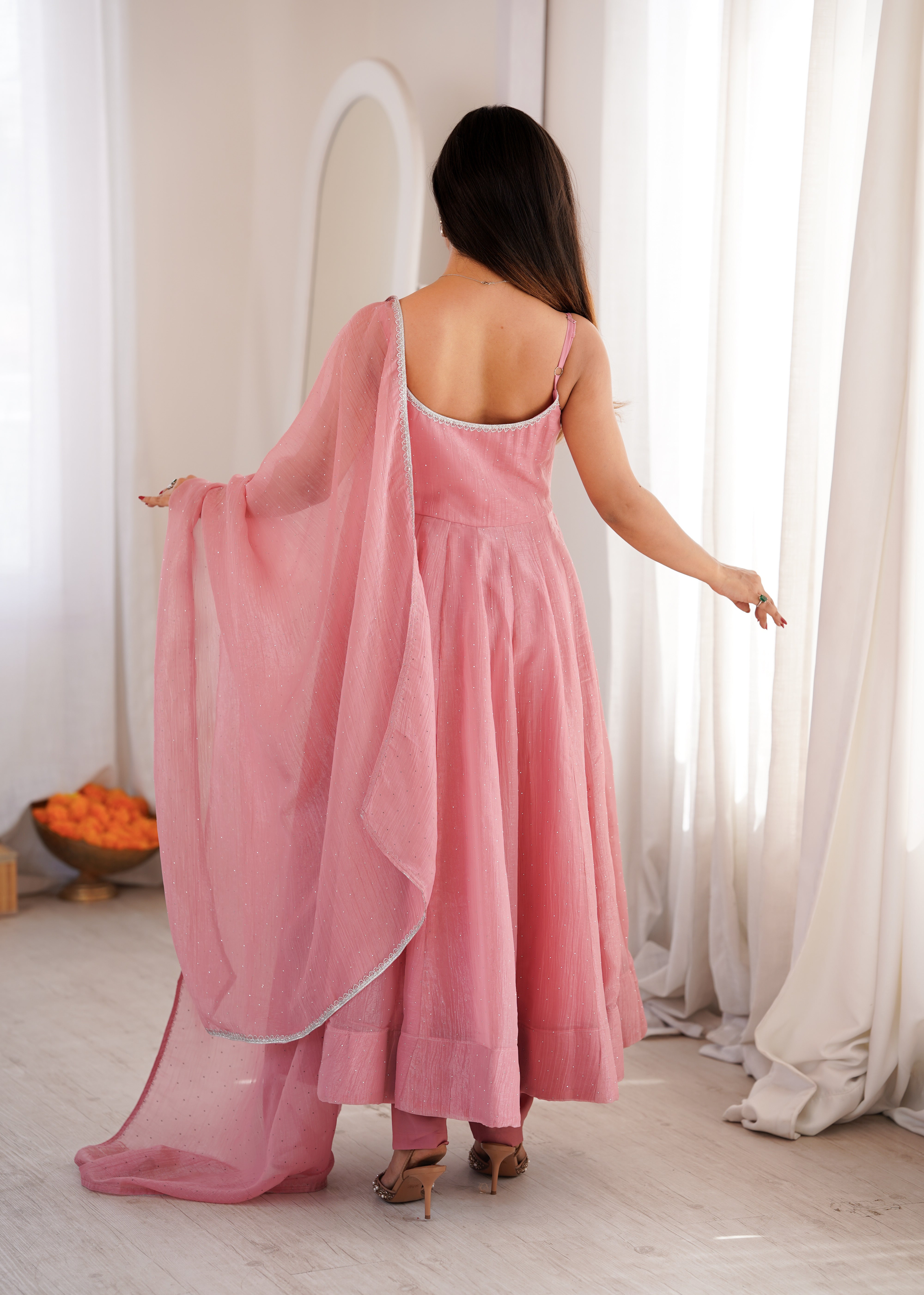 Dusty Pink Crunchy Silk Anarkali Suit with Swarovski Work & Dupatta Set