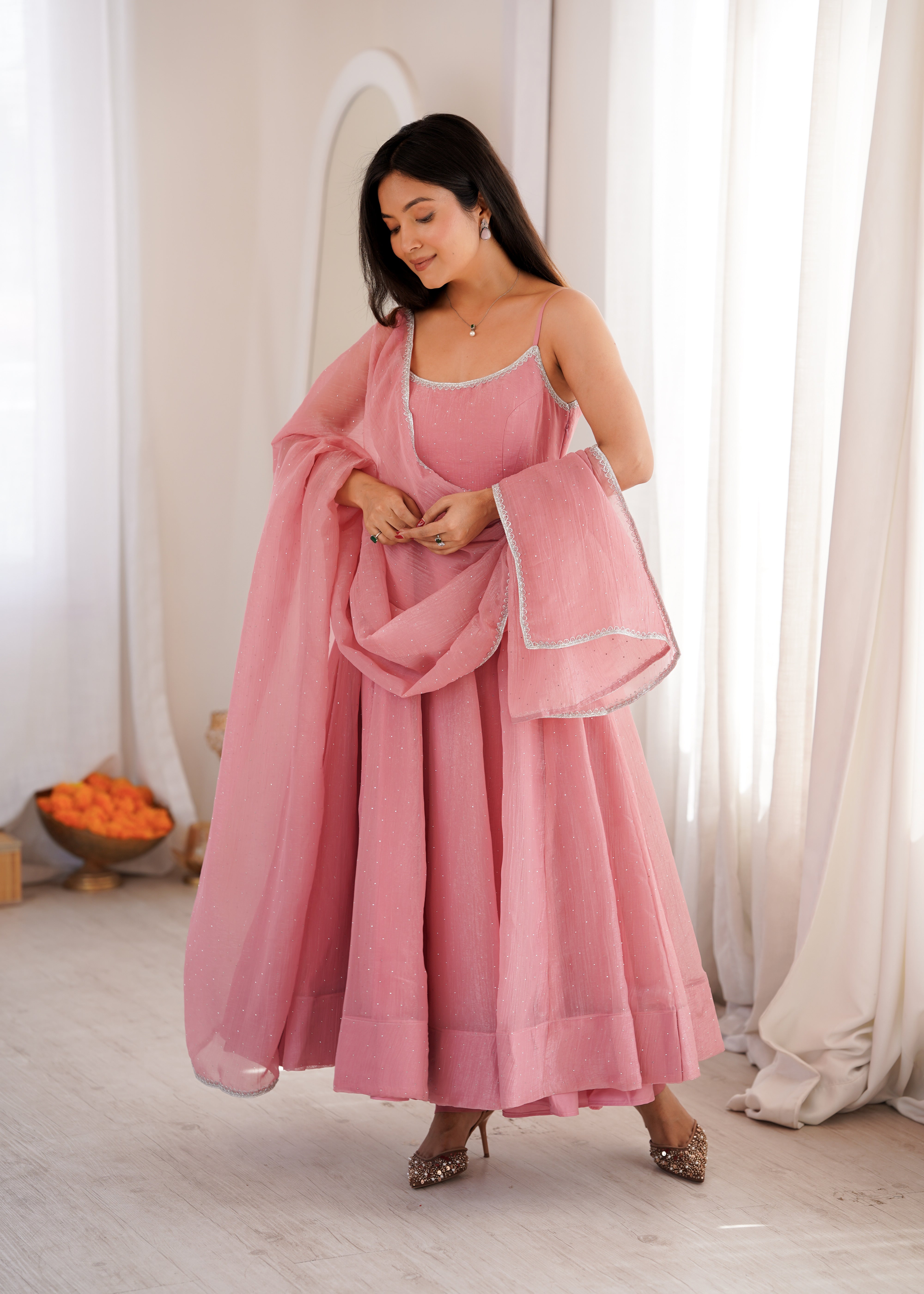 Dusty Pink Crunchy Silk Anarkali Suit with Swarovski Work & Dupatta Set