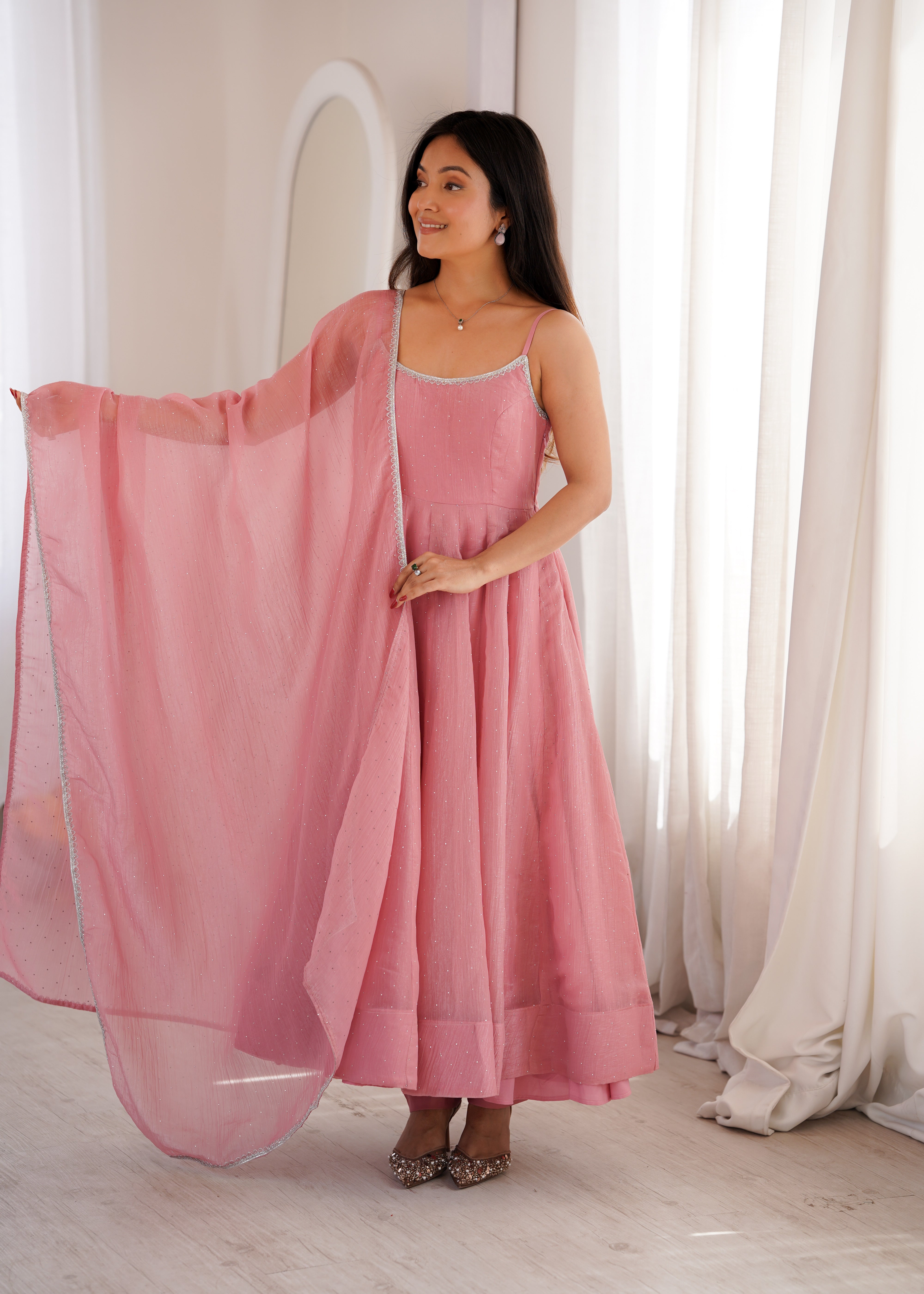 Dusty Pink Crunchy Silk Anarkali Suit with Swarovski Work & Dupatta Set