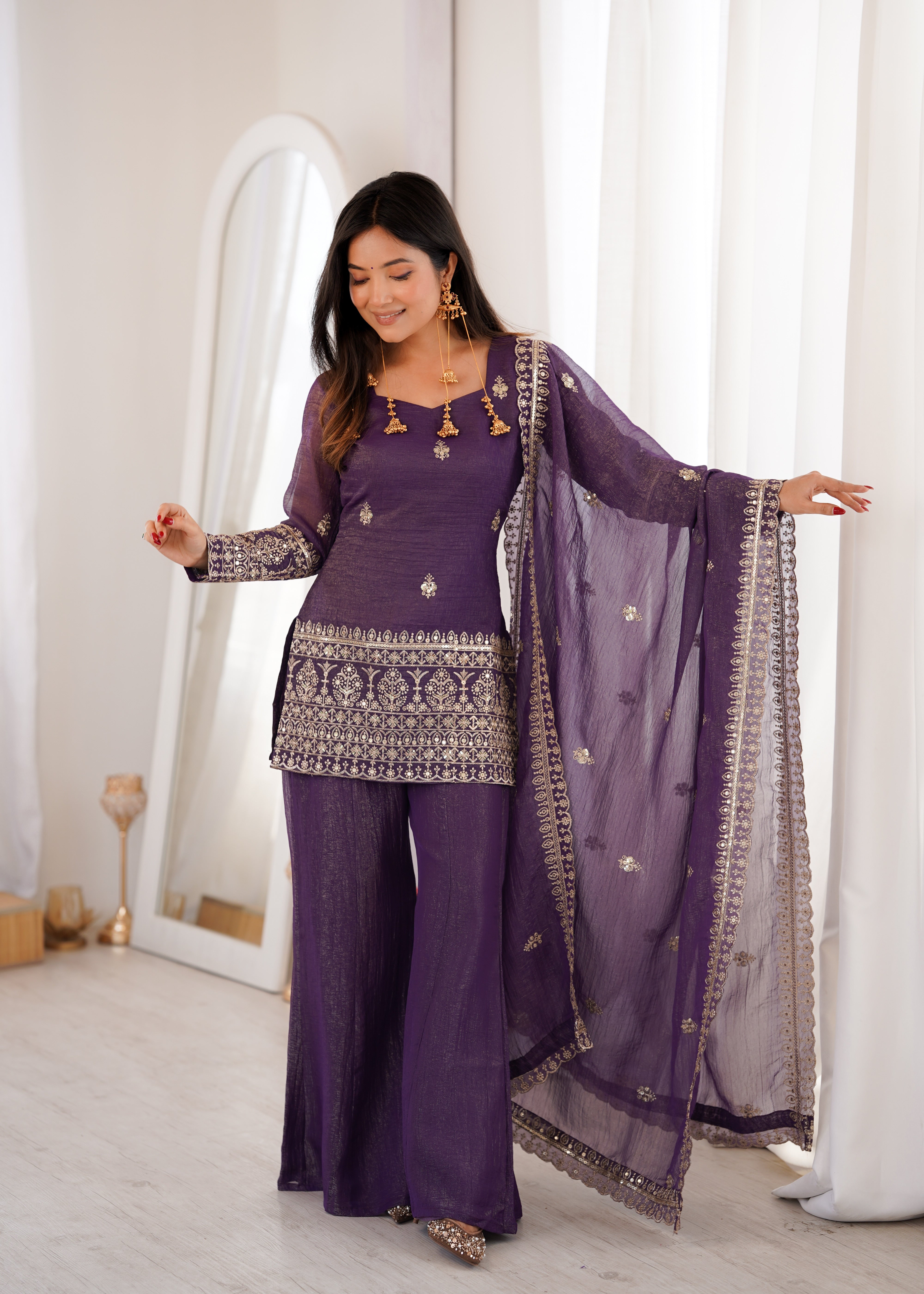 Women’s Crunchy Silk Kurta Set with Bell Bottom Pant & Dupatta | Party & Celebration Wear