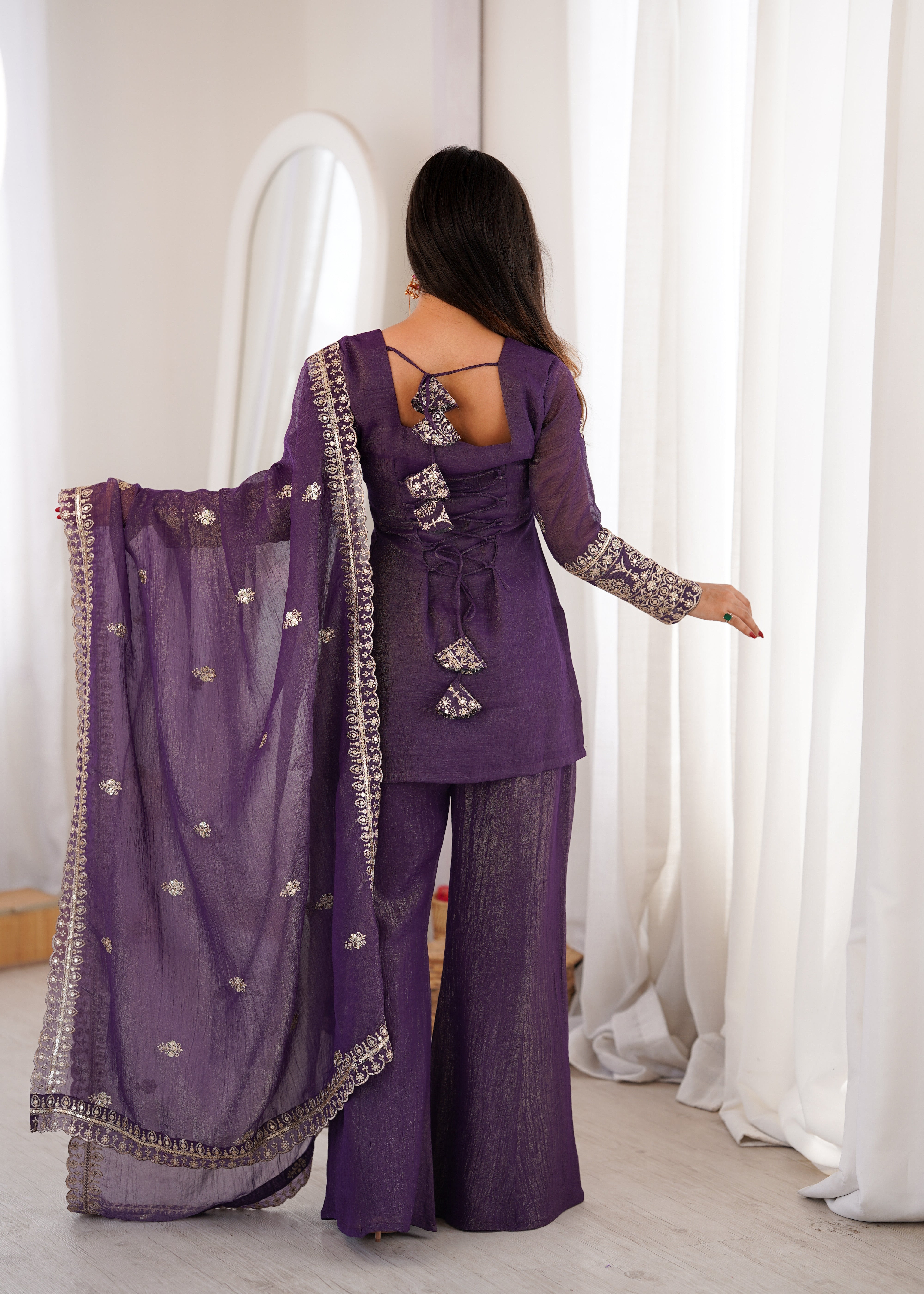 Women’s Crunchy Silk Kurta Set with Bell Bottom Pant & Dupatta | Party & Celebration Wear