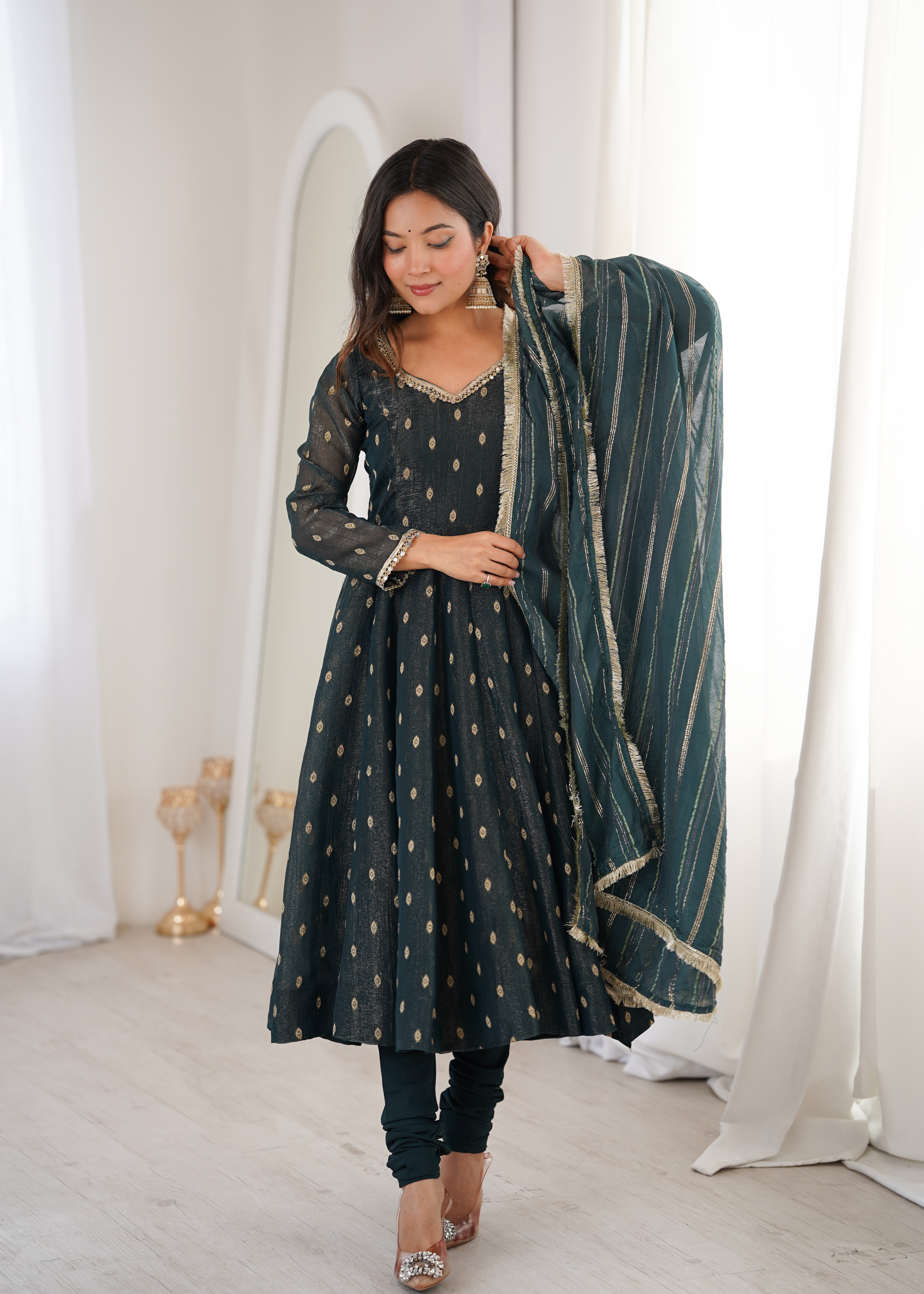Elegant Designer Anarkali Three Piece Set in Heavy Crunchy Silk for Women | Nardev Fashion