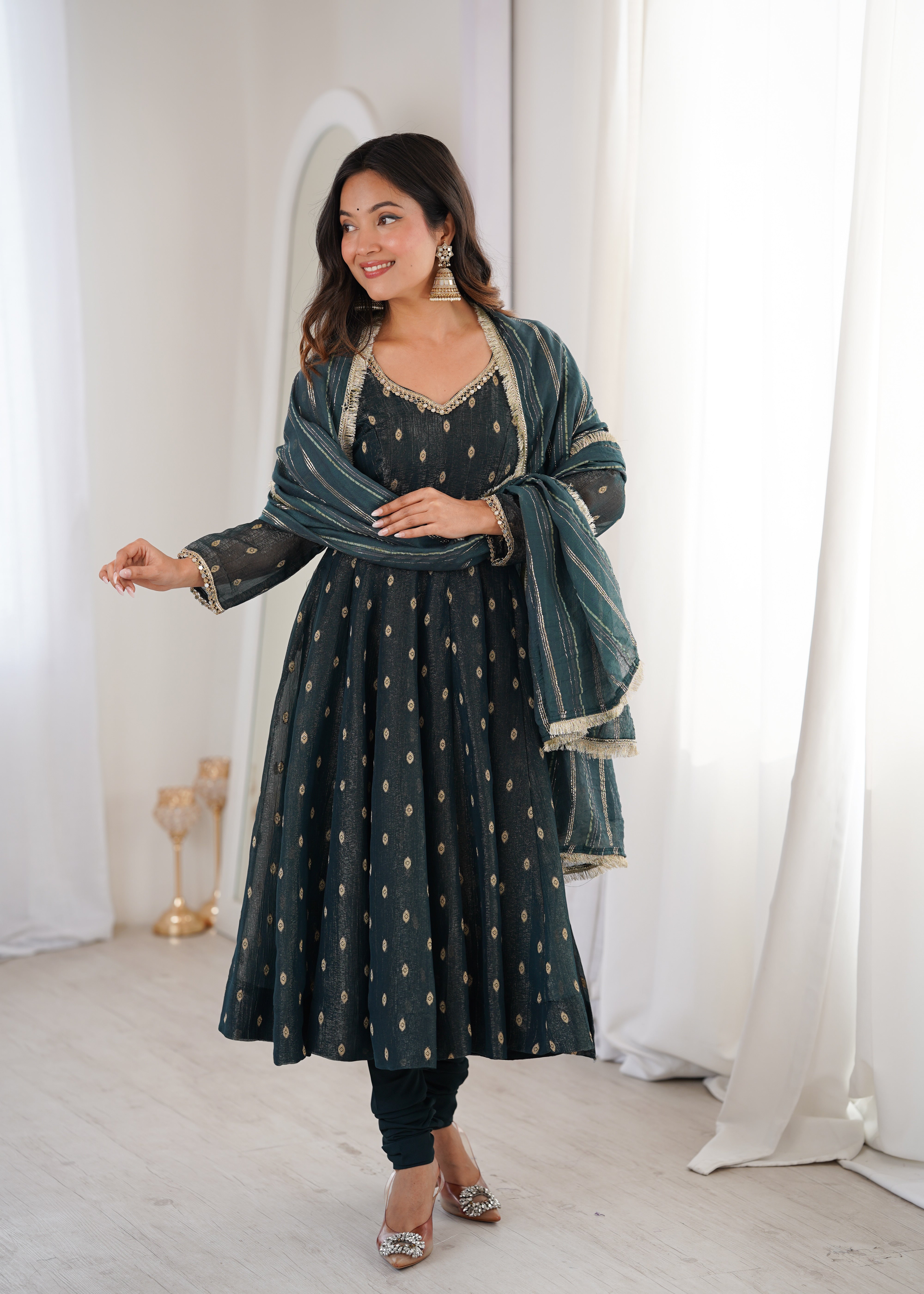 Elegant Designer Anarkali Three Piece Set in Heavy Crunchy Silk for Women | Nardev Fashion