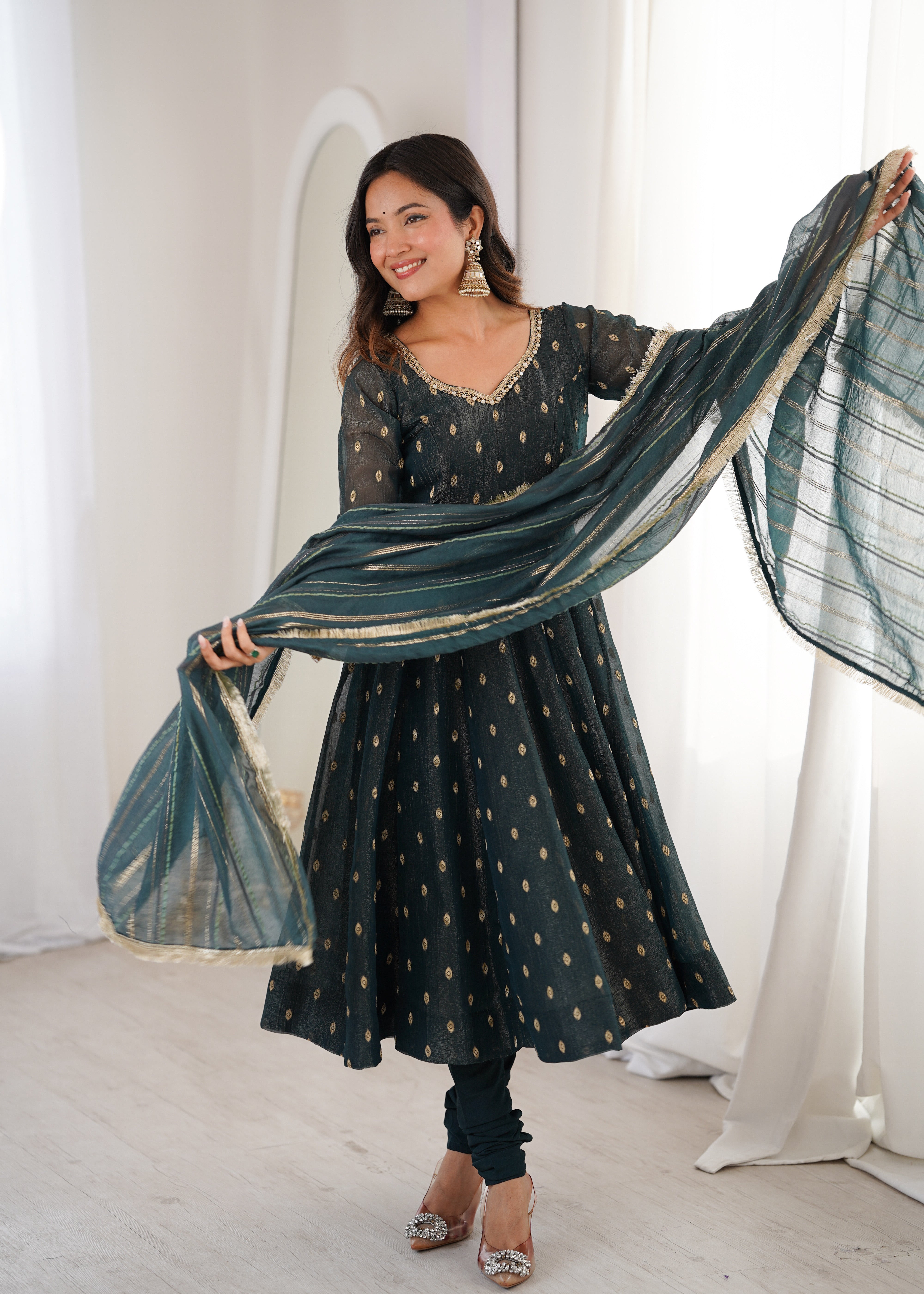 Elegant Designer Anarkali Three Piece Set in Heavy Crunchy Silk for Women | Nardev Fashion
