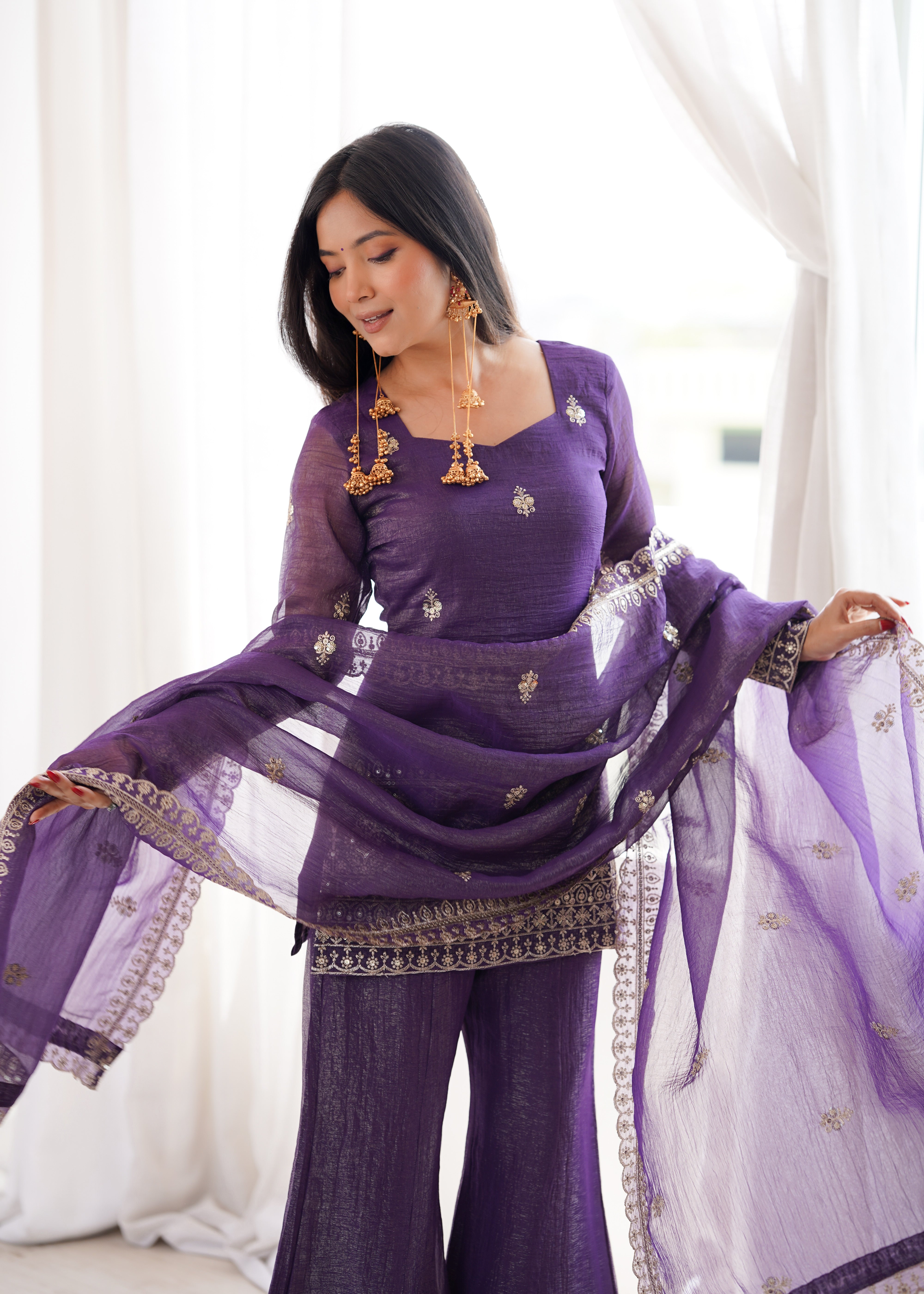 Women’s Crunchy Silk Kurta Set with Bell Bottom Pant & Dupatta | Party & Celebration Wear