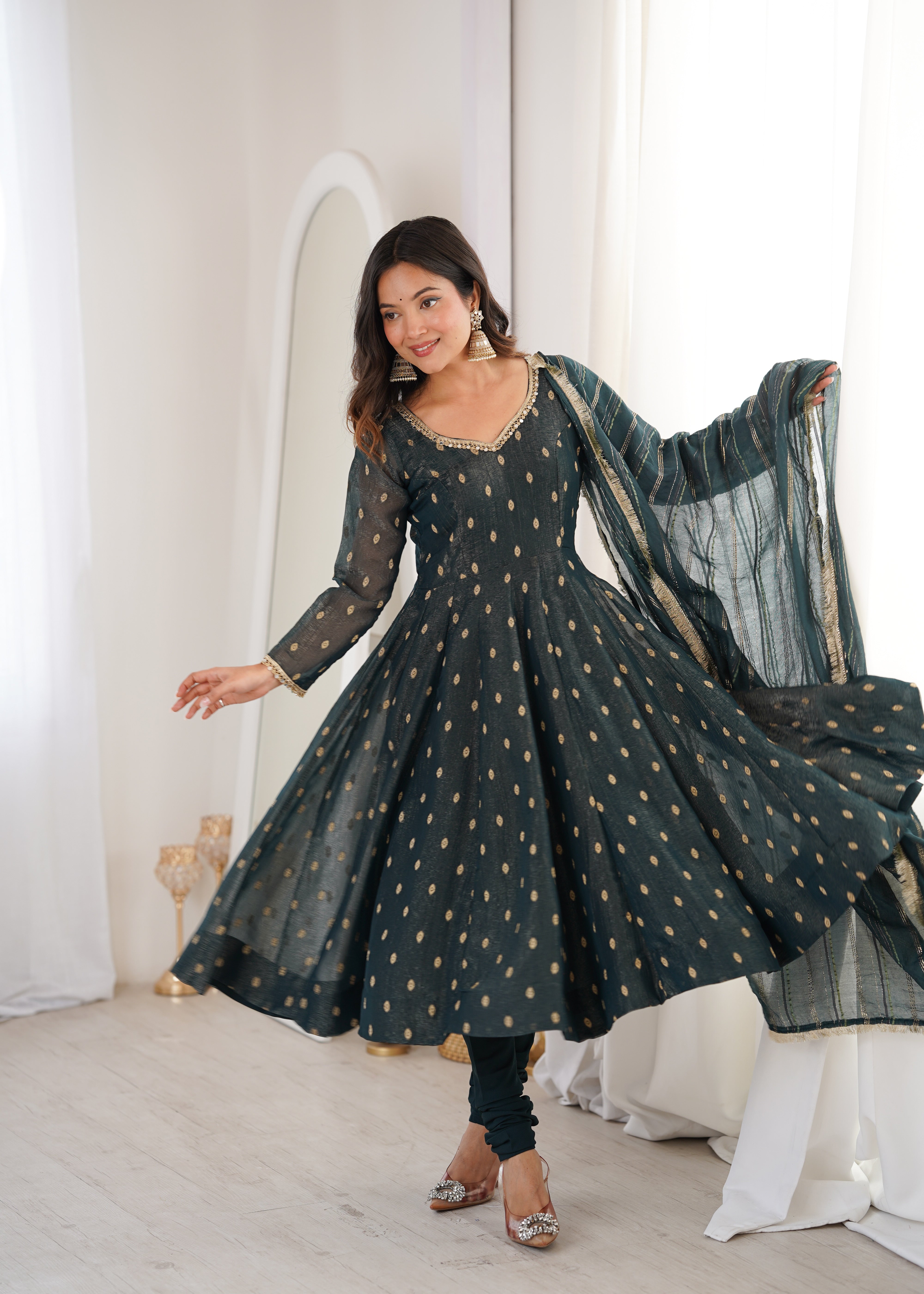 Elegant Designer Anarkali Three Piece Set in Heavy Crunchy Silk for Women | Nardev Fashion