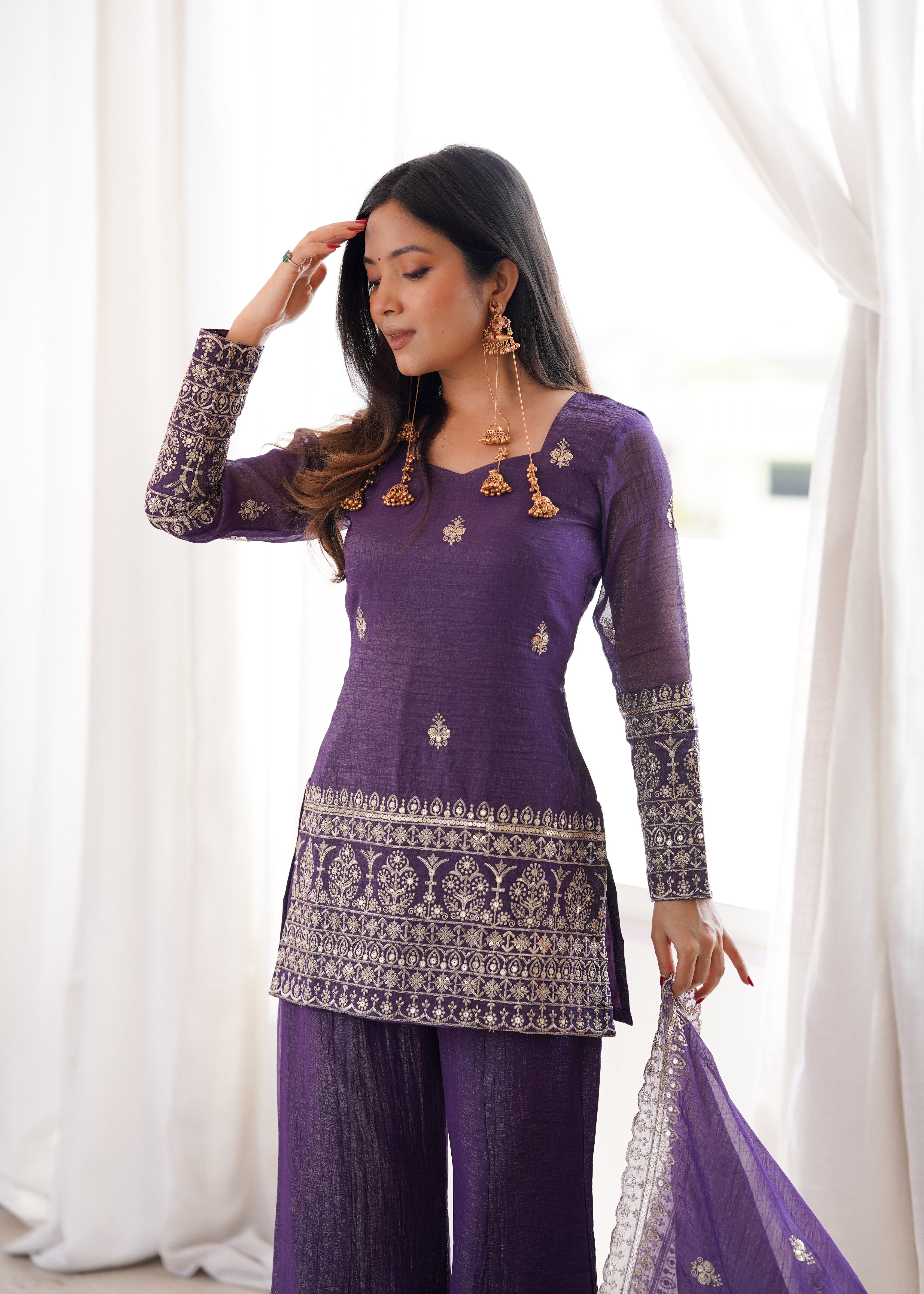 Women’s Crunchy Silk Kurta Set with Bell Bottom Pant & Dupatta | Party & Celebration Wear