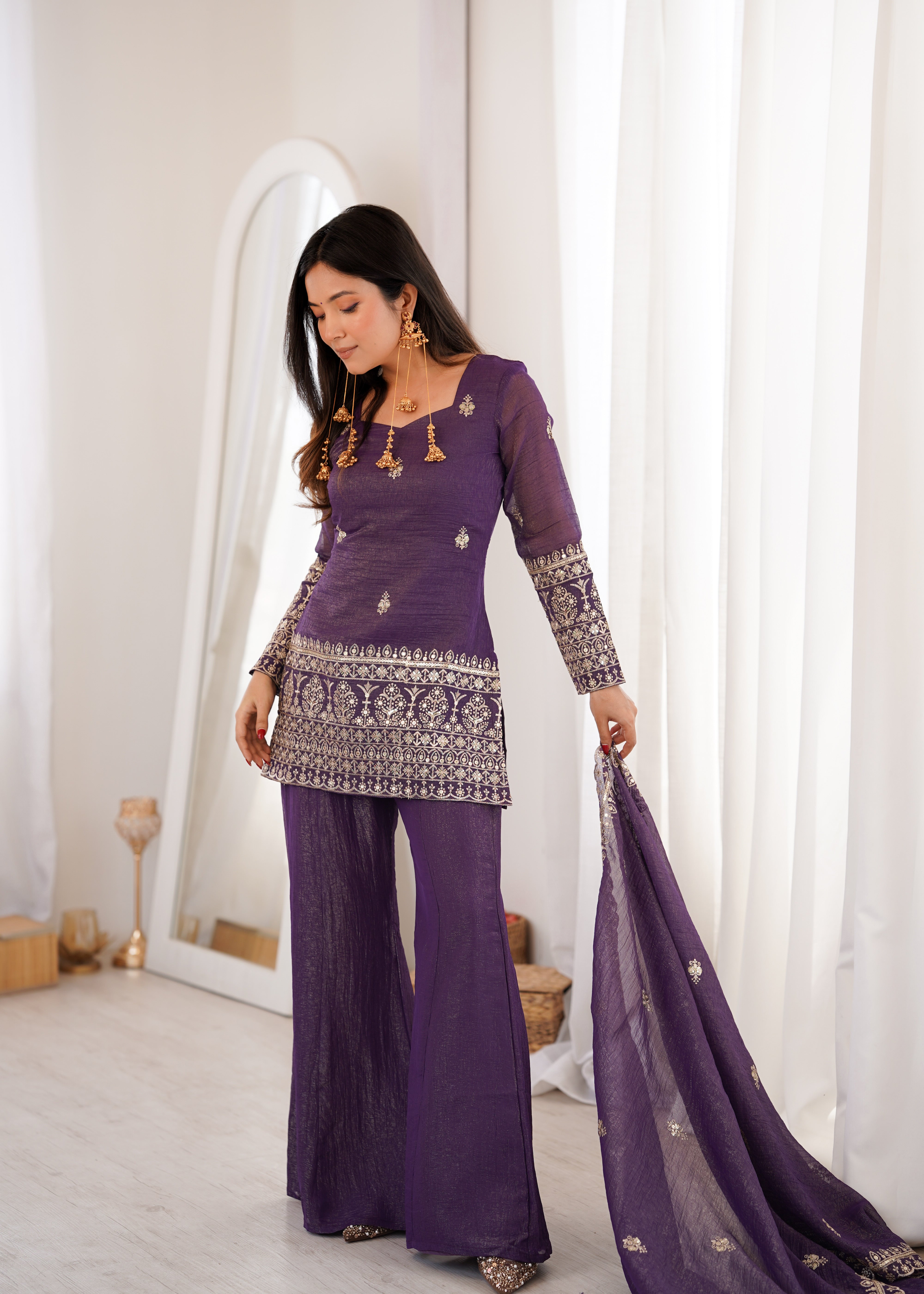 Women’s Crunchy Silk Kurta Set with Bell Bottom Pant & Dupatta | Party & Celebration Wear