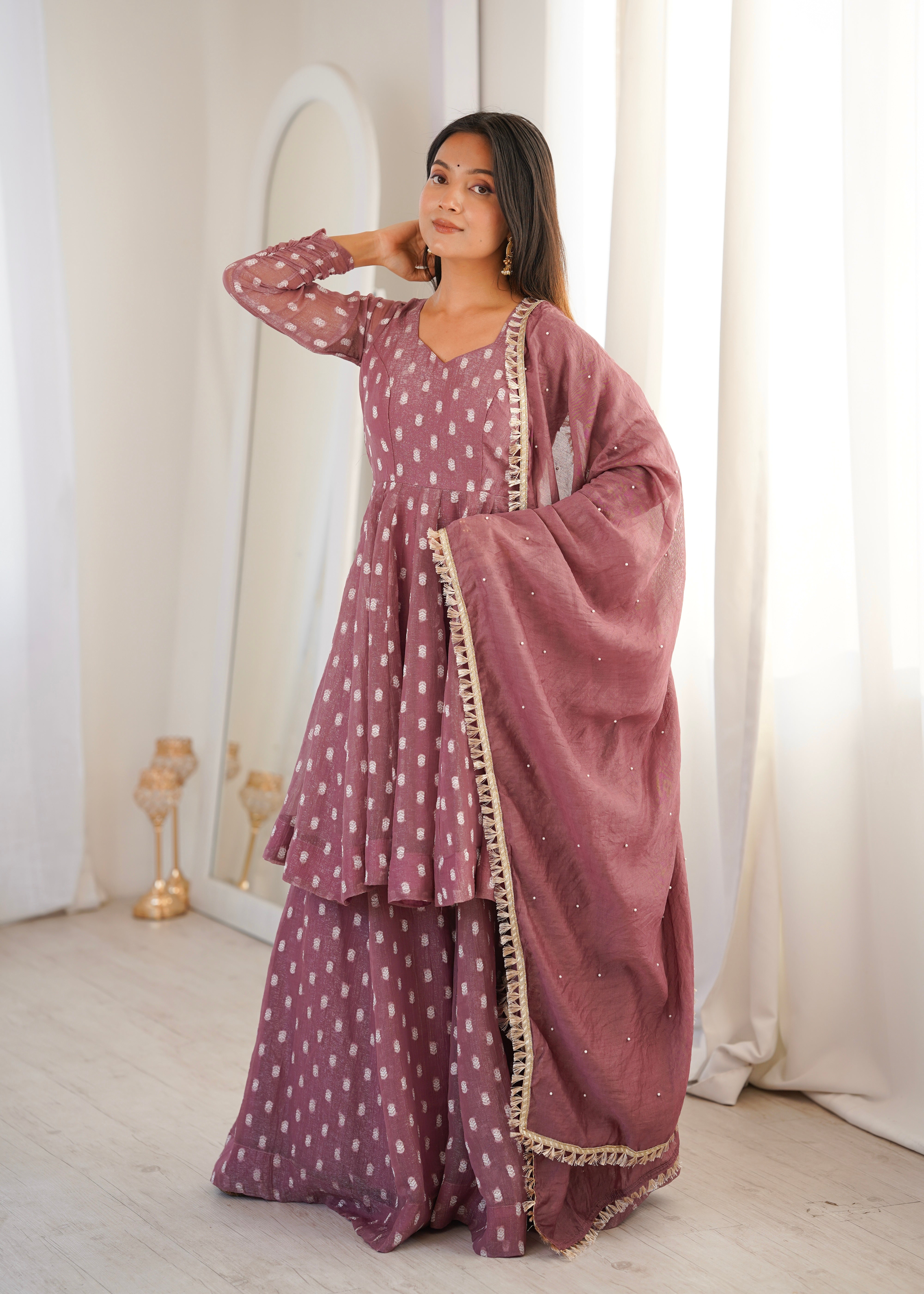 Dusty Mauve Crunchy Silk Jacquard Sharara Suit Set with Dupatta