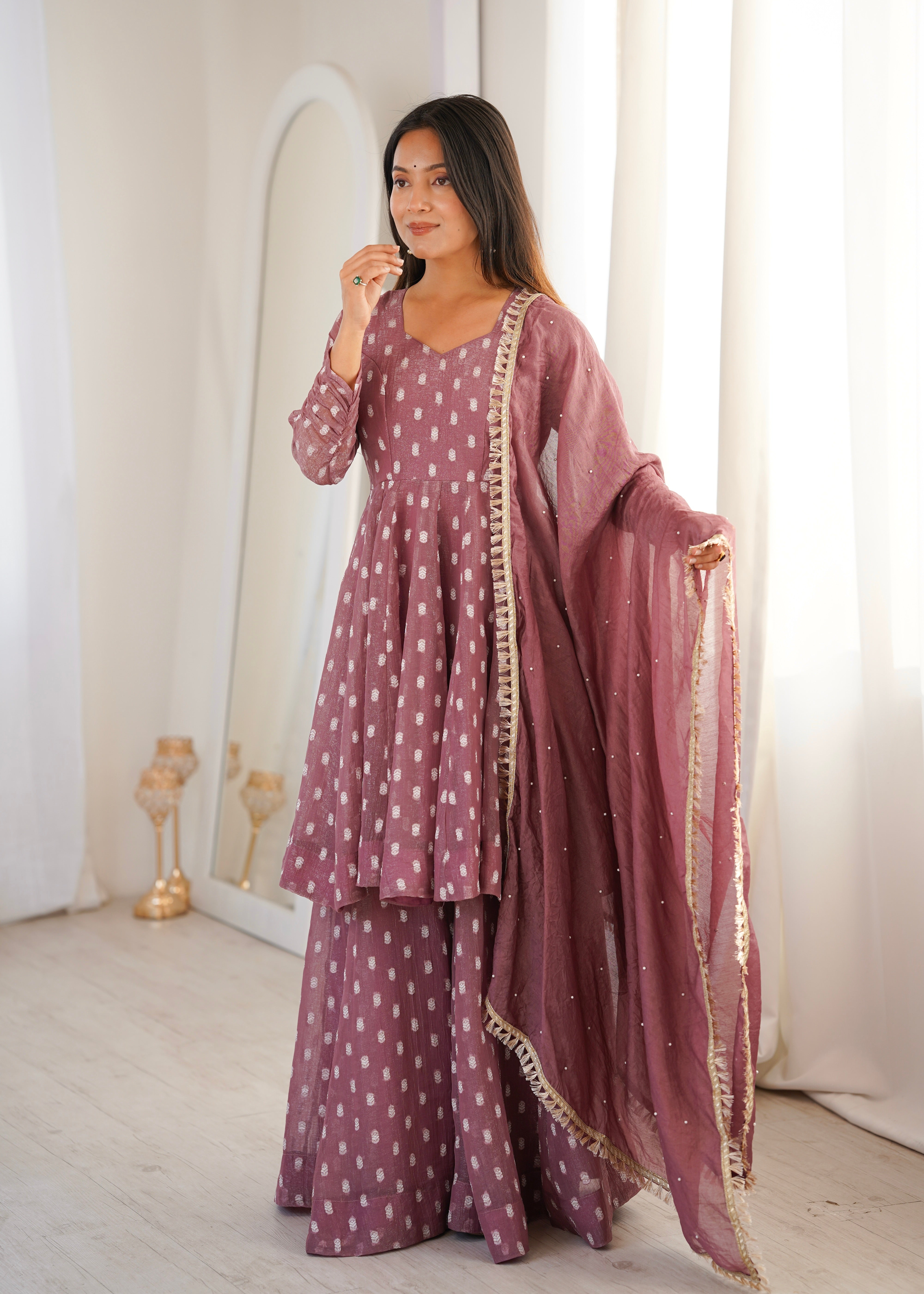Dusty Mauve Crunchy Silk Jacquard Sharara Suit Set with Dupatta
