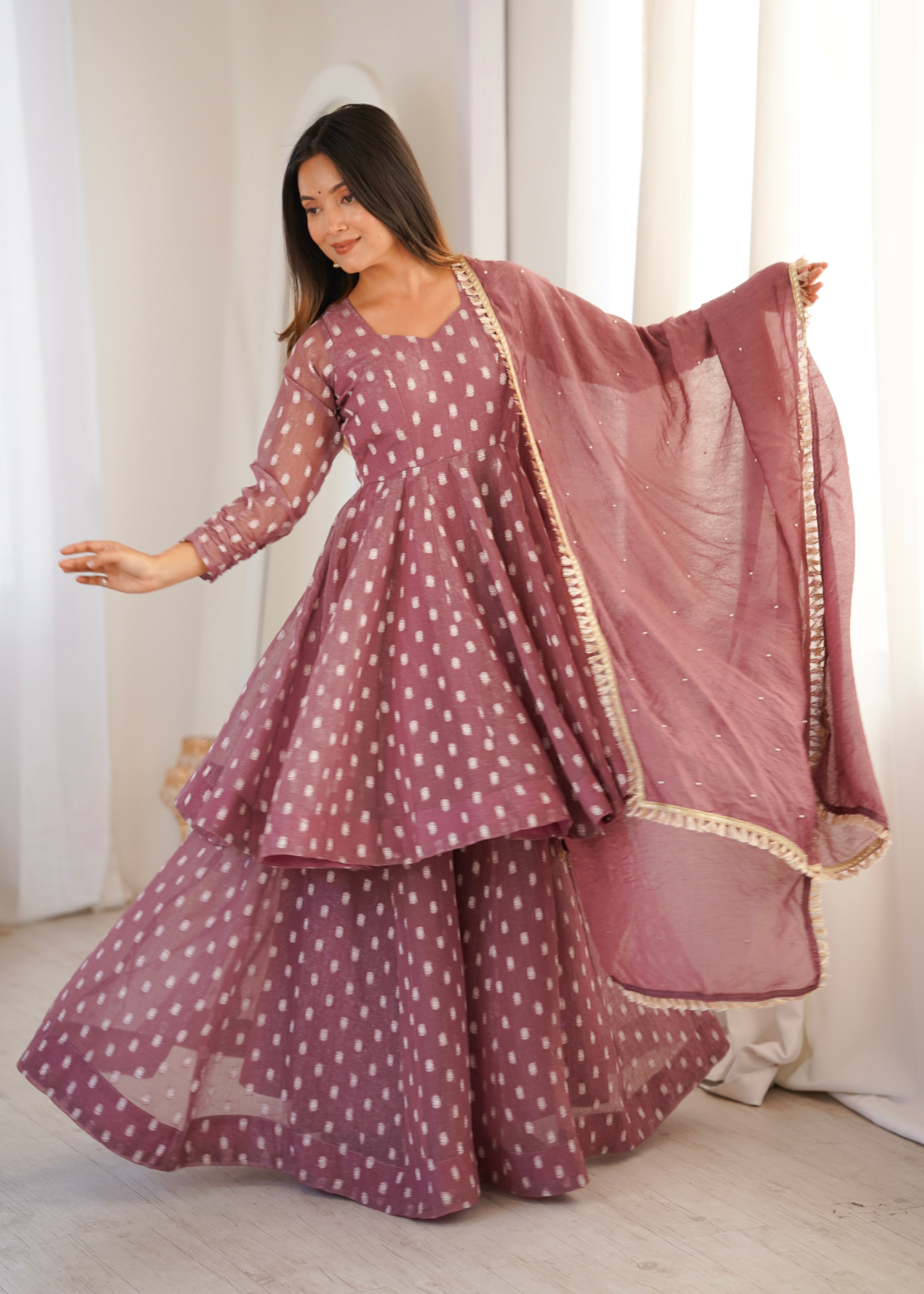 Dusty Mauve Crunchy Silk Jacquard Sharara Suit Set with Dupatta