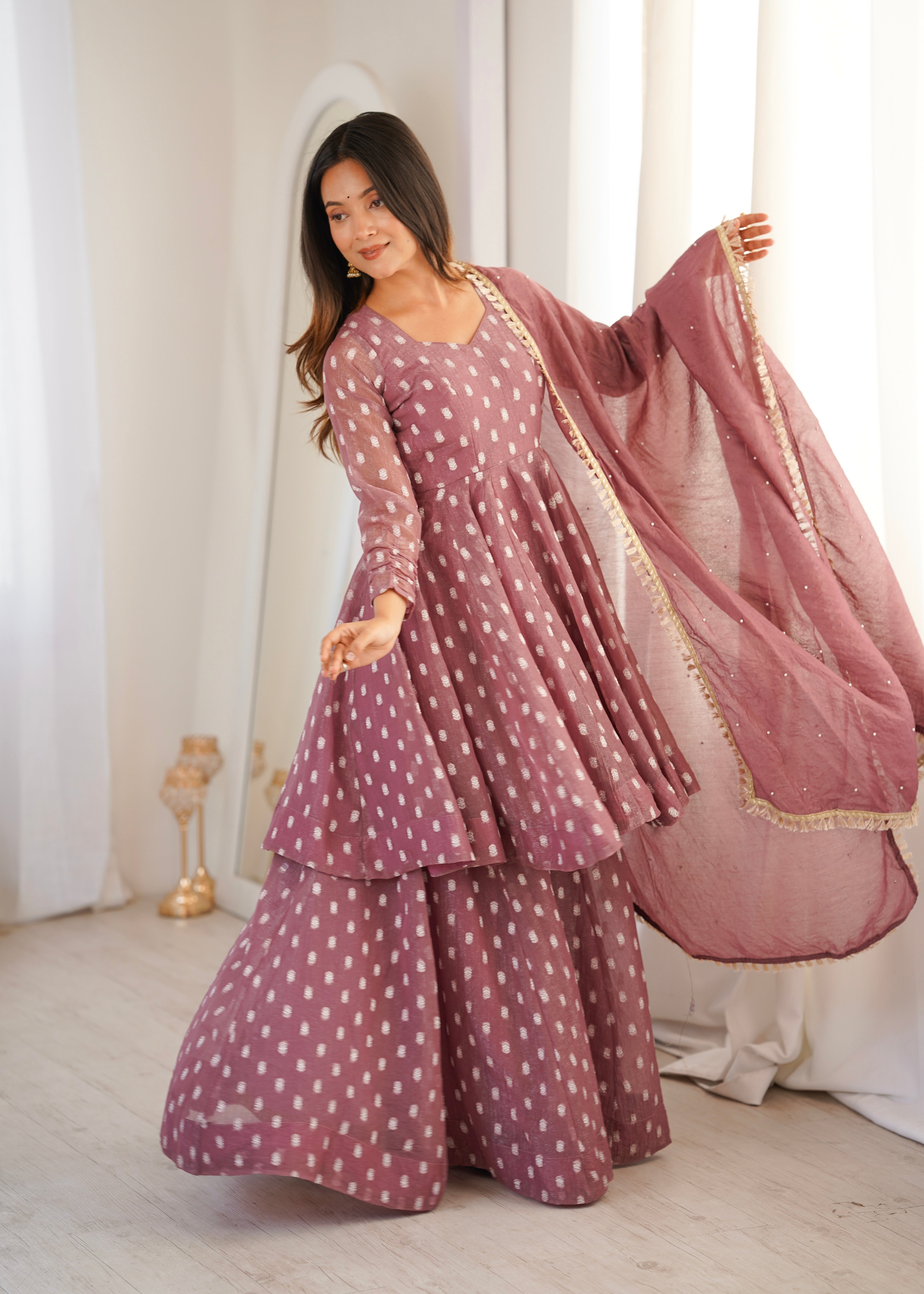 Dusty Mauve Crunchy Silk Jacquard Sharara Suit Set with Dupatta