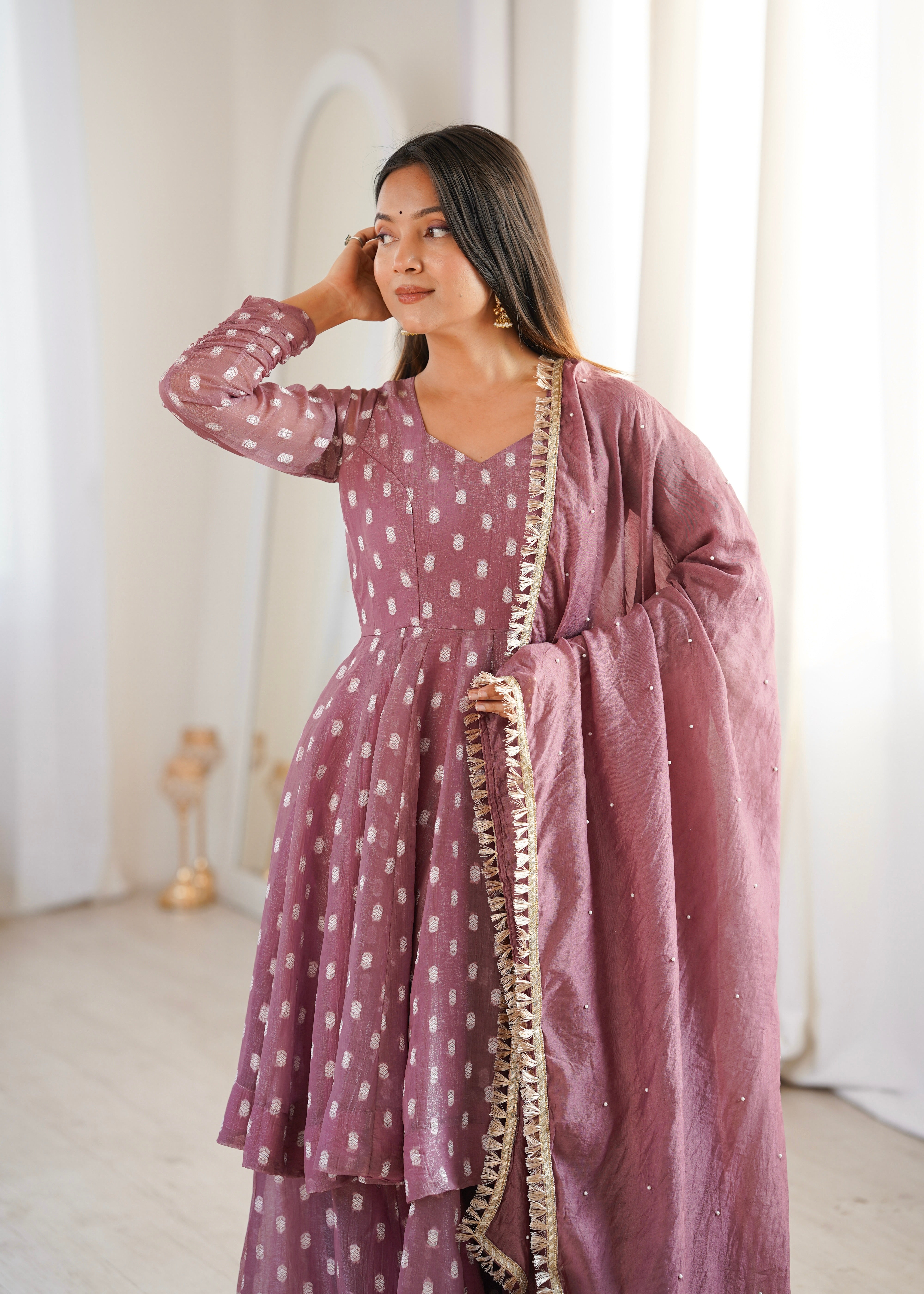 Dusty Mauve Crunchy Silk Jacquard Sharara Suit Set with Dupatta