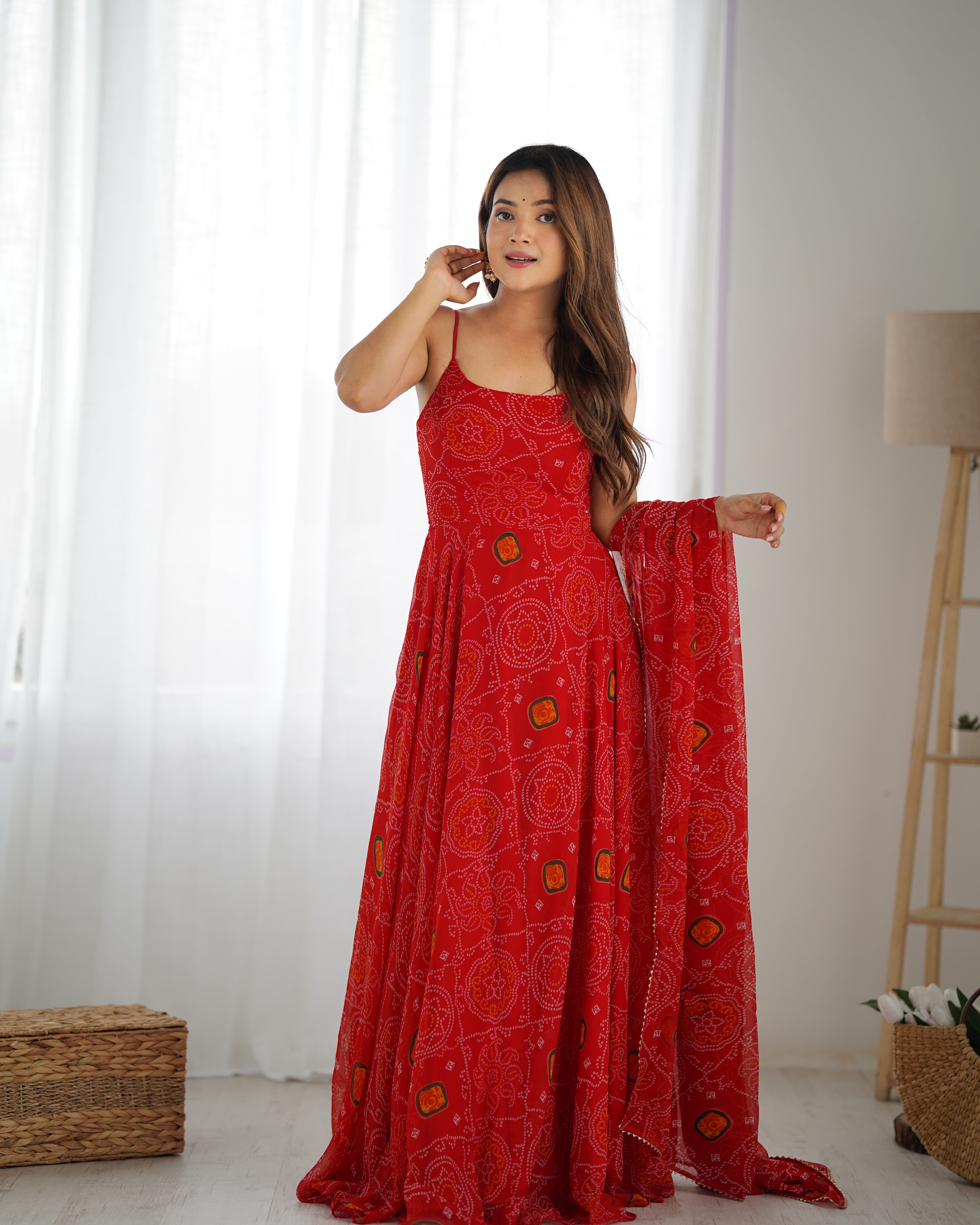 Floral Red Color Soft Chiffon Three Piece Anarkali