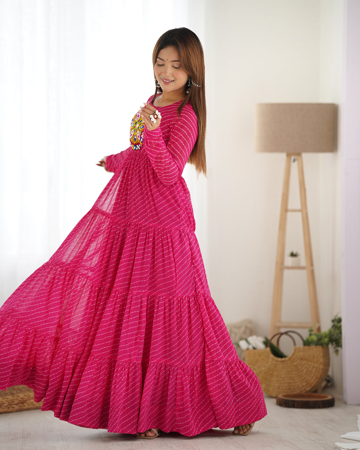 Magenta Pink Laheriya 7 Meter Flair Anarkali Gown | Gamthi Work
