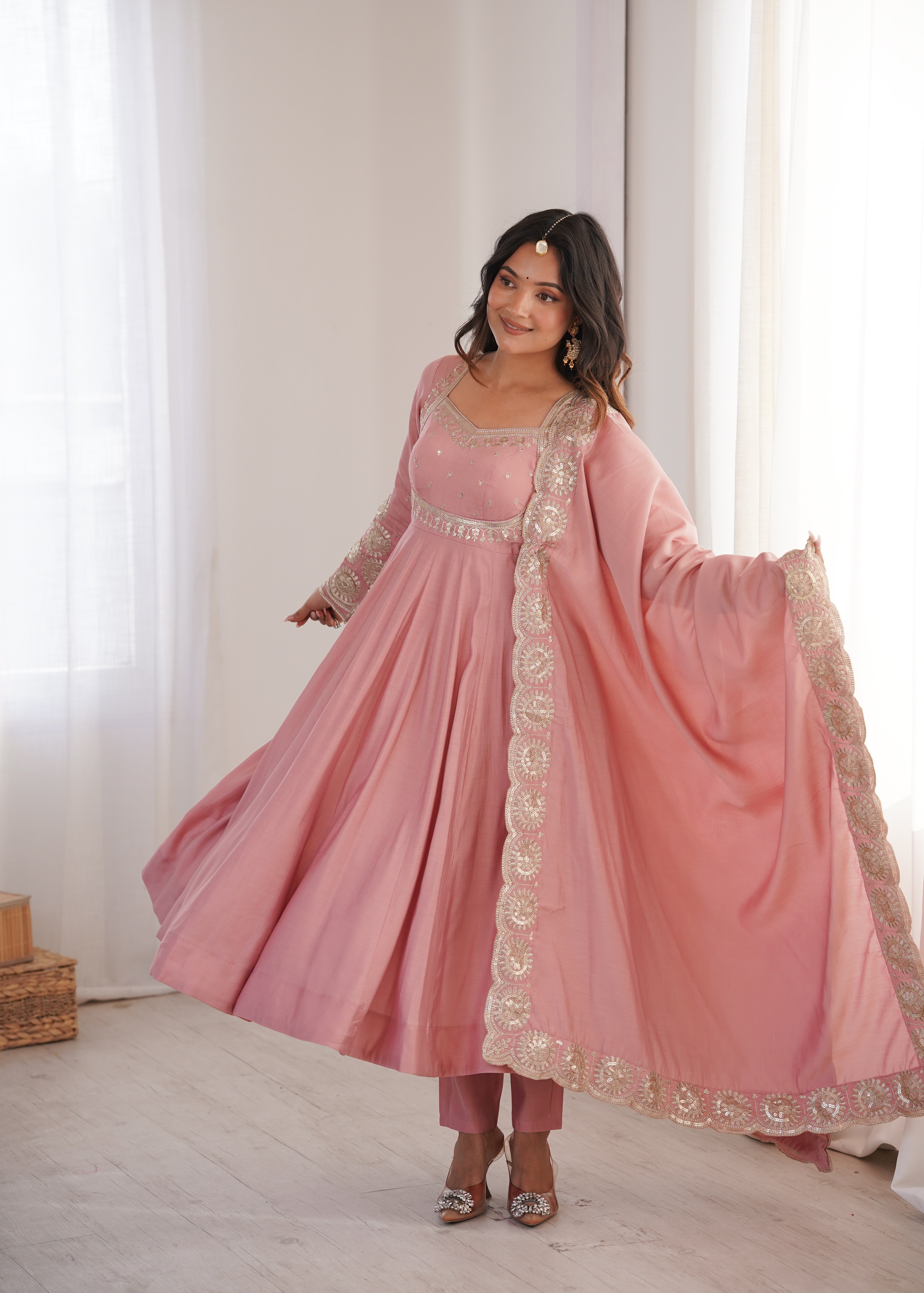 Blush Pink Roman Silk Embroidered Anarkali Gown Set with Chanderi Dupatta