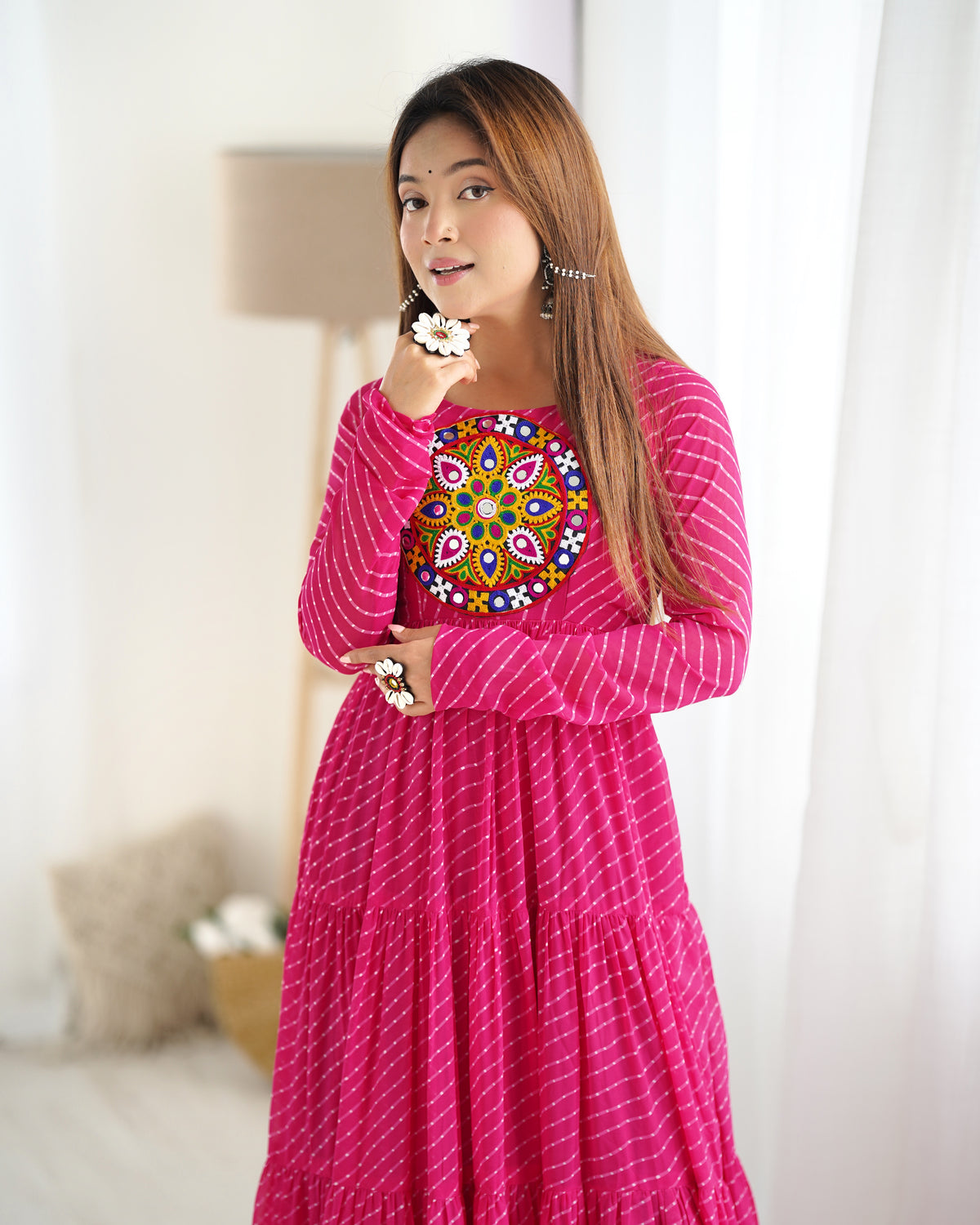 Magenta Pink Laheriya 7 Meter Flair Anarkali Gown | Gamthi Work