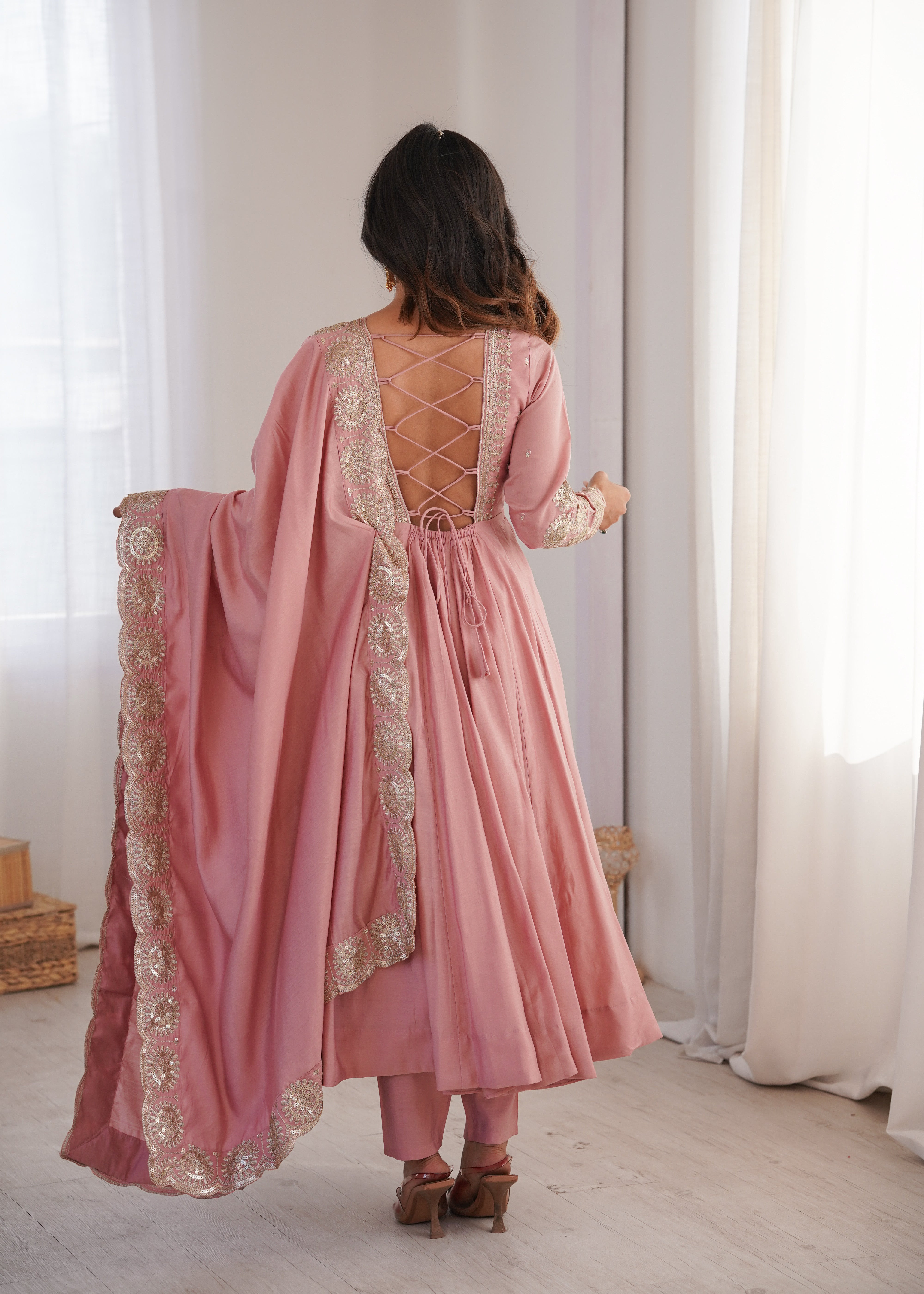 Blush Pink Roman Silk Embroidered Anarkali Gown Set with Chanderi Dupatta