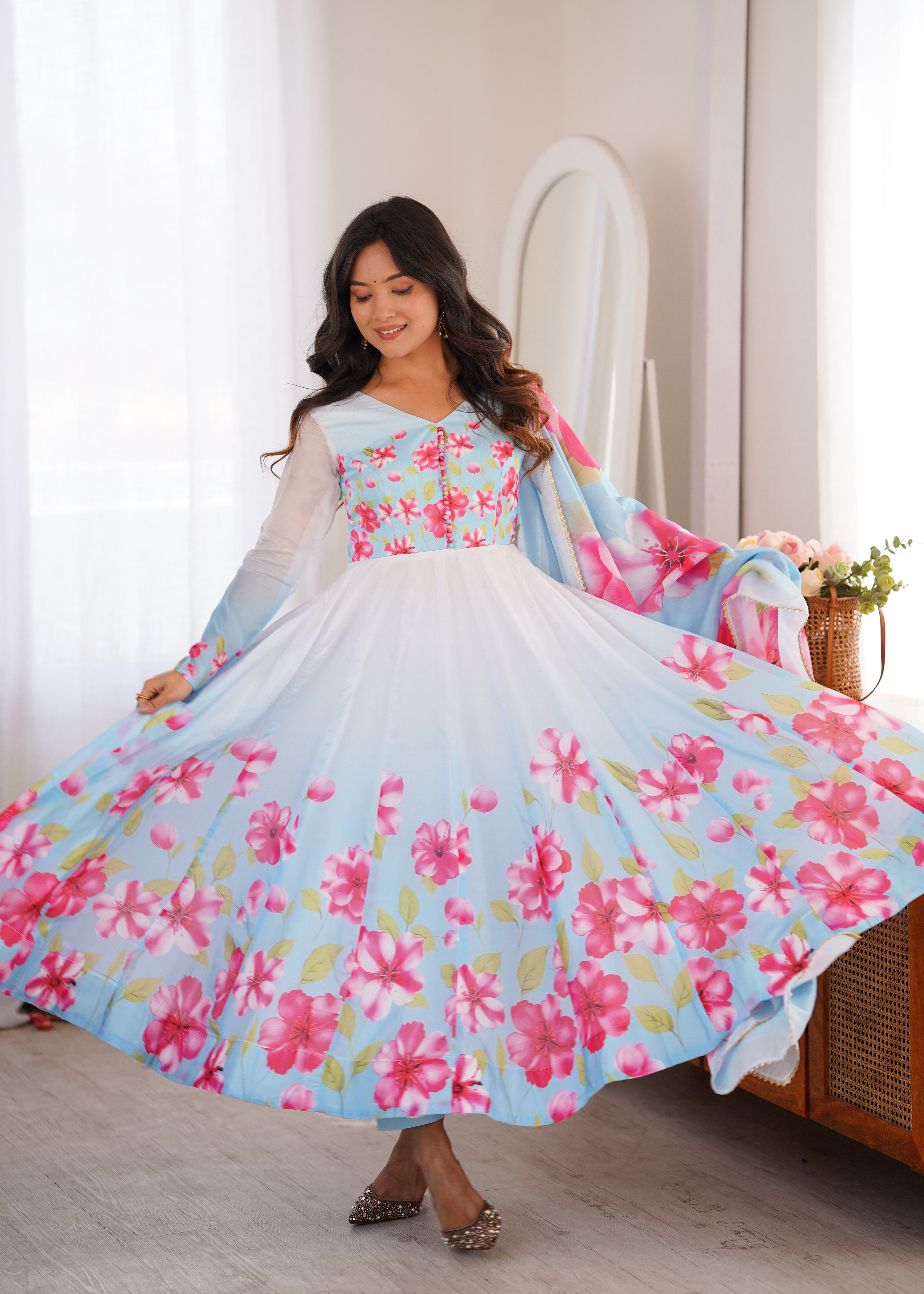 Sky Blue Floral Organza Silk Anarkali Suit Set with Dupatta | Fully Stitched Party Wear Gown