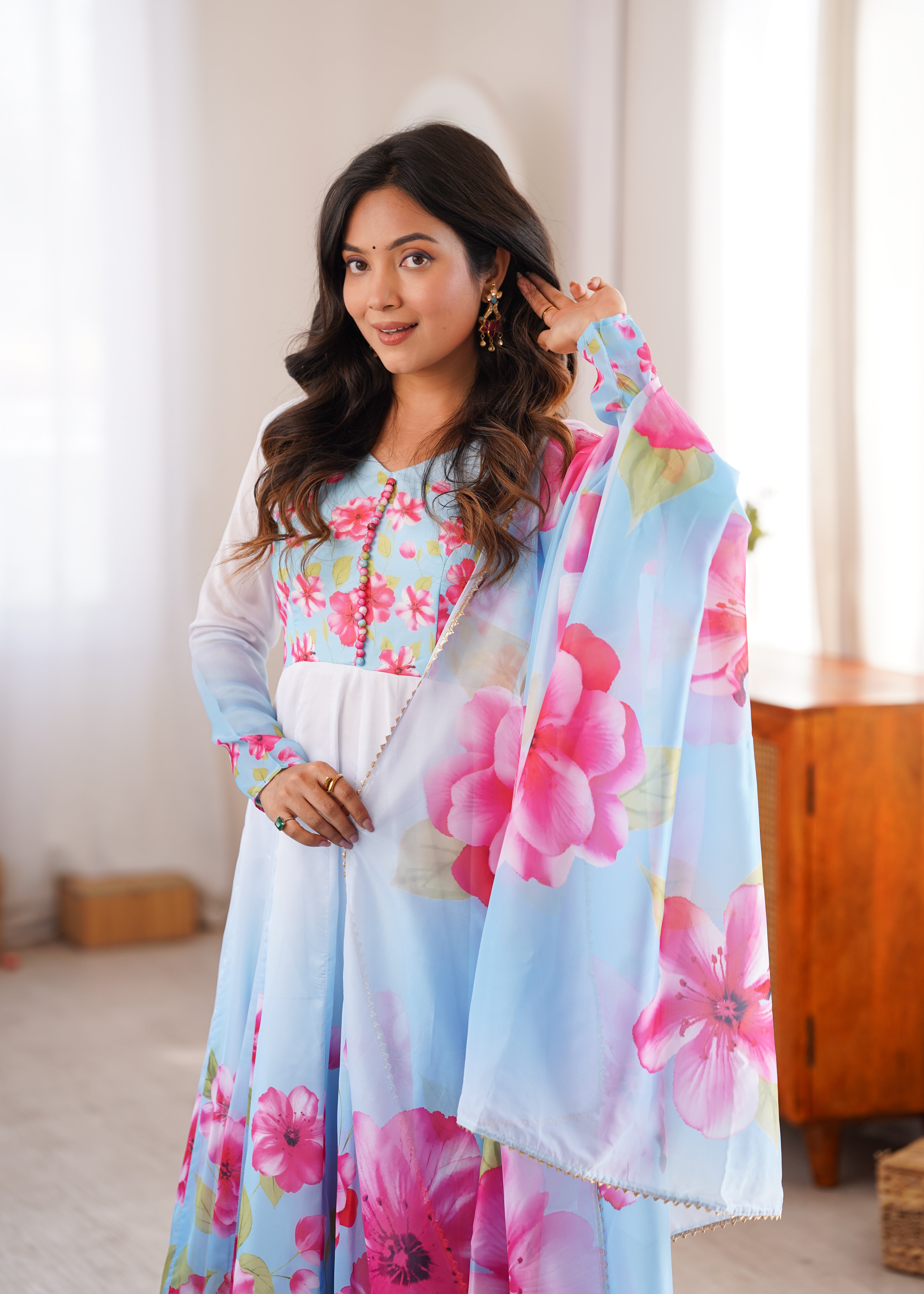Sky Blue Floral Organza Silk Anarkali Suit Set with Dupatta | Fully Stitched Party Wear Gown