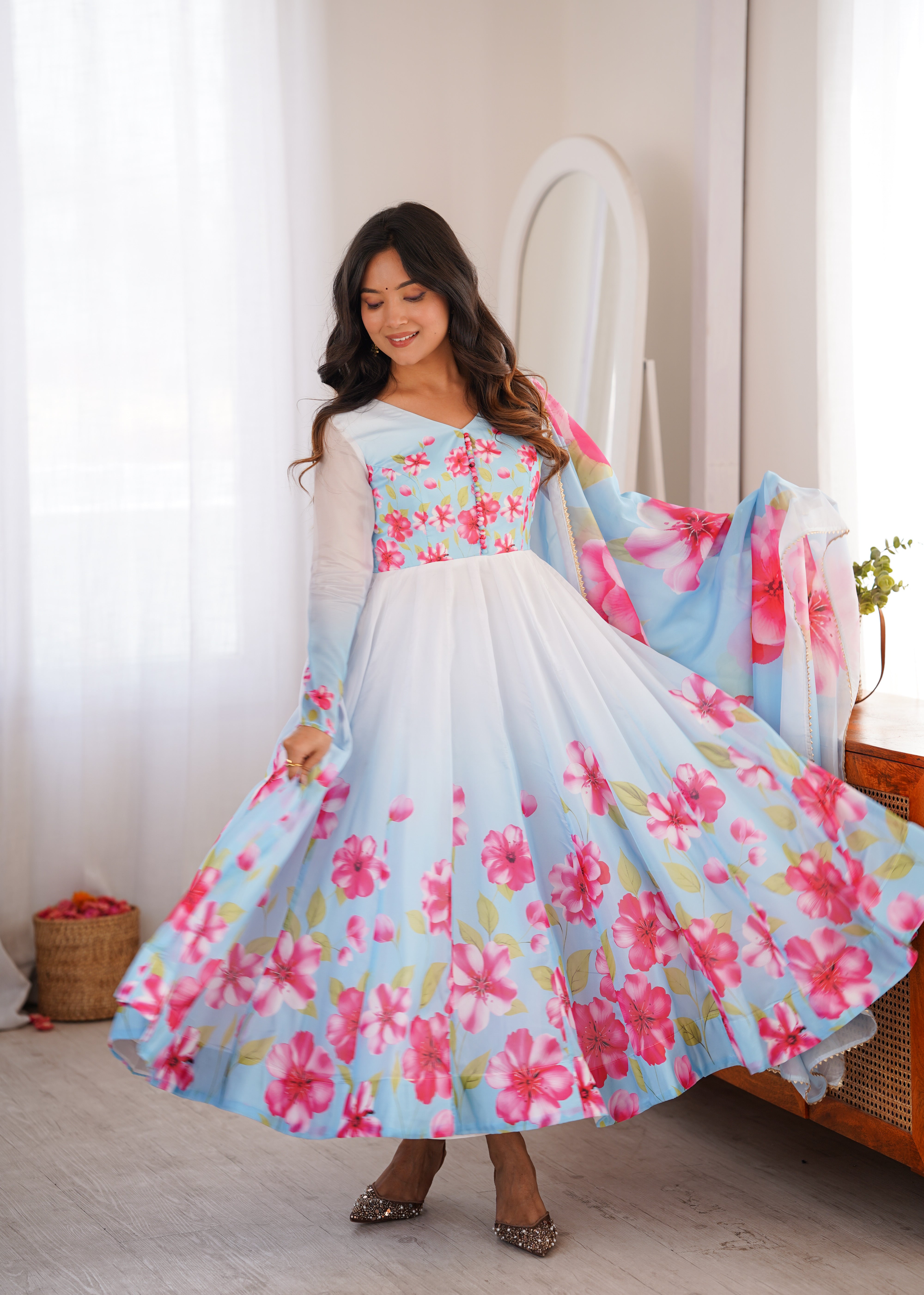 Sky Blue Floral Organza Silk Anarkali Suit Set with Dupatta | Fully Stitched Party Wear Gown