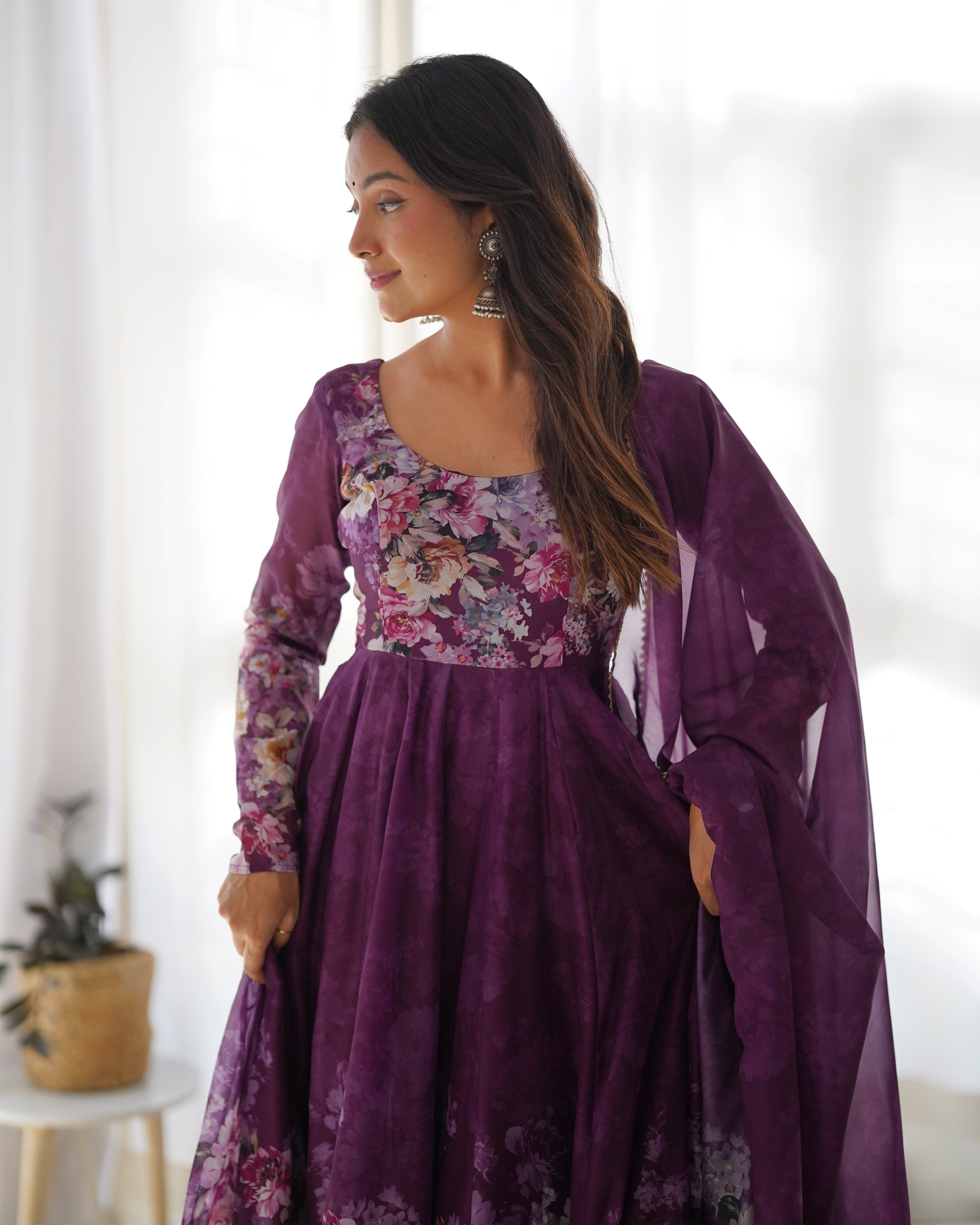 Wine Organza Silk Floral Printed Anarkali Suit Set with Gota Patti Dupatta