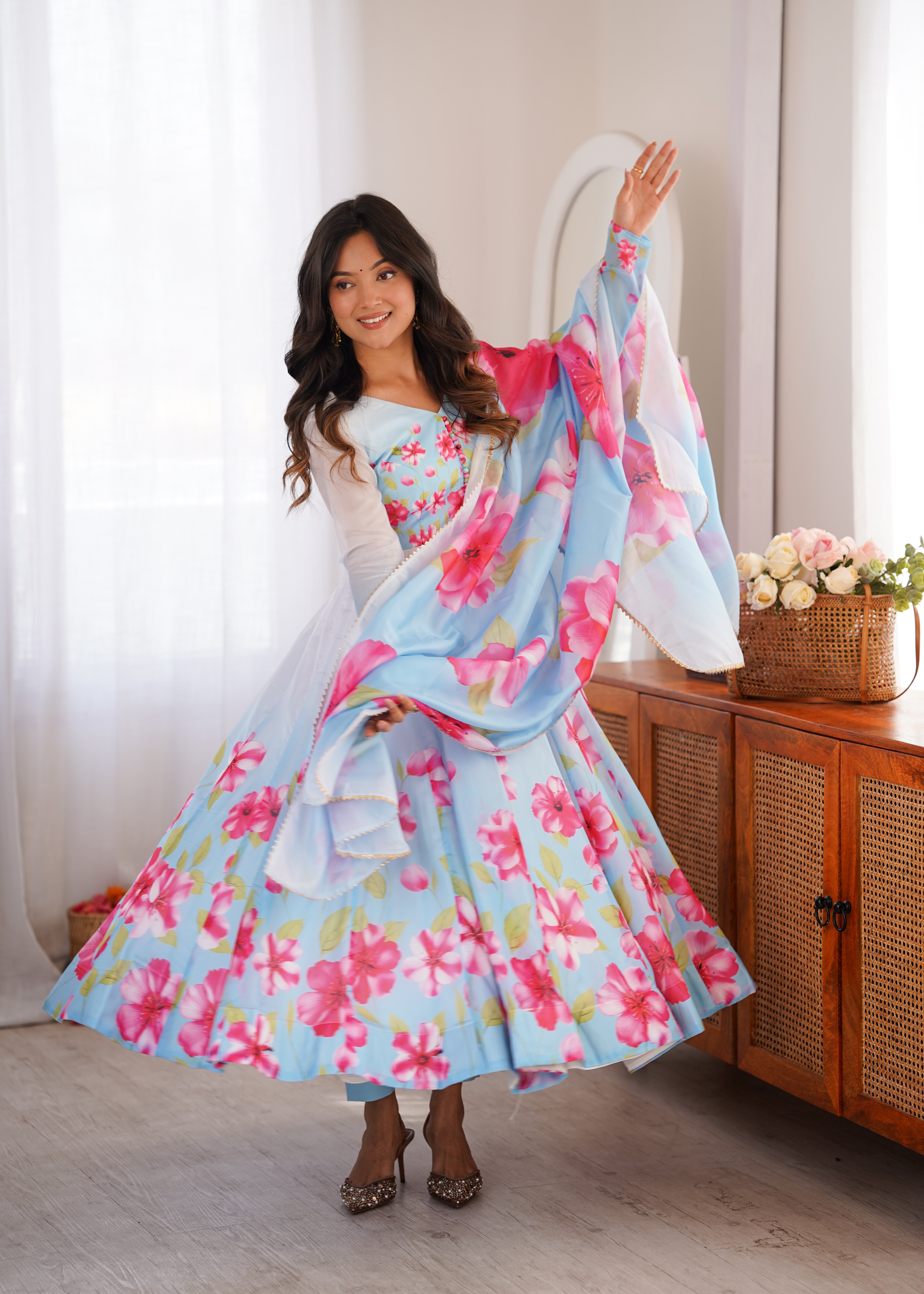 Sky Blue Floral Organza Silk Anarkali Suit Set with Dupatta | Fully Stitched Party Wear Gown