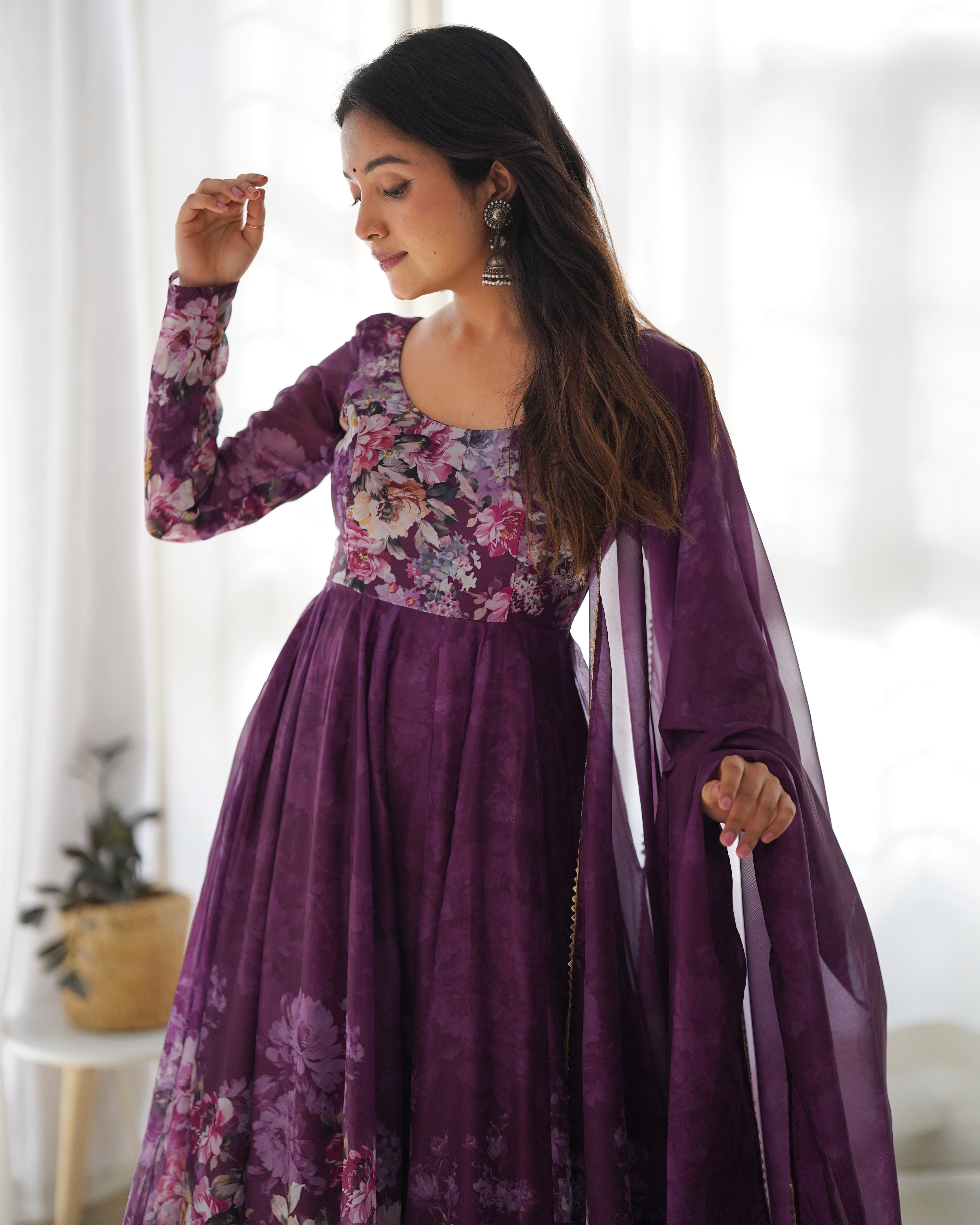Wine Organza Silk Floral Printed Anarkali Suit Set with Gota Patti Dupatta