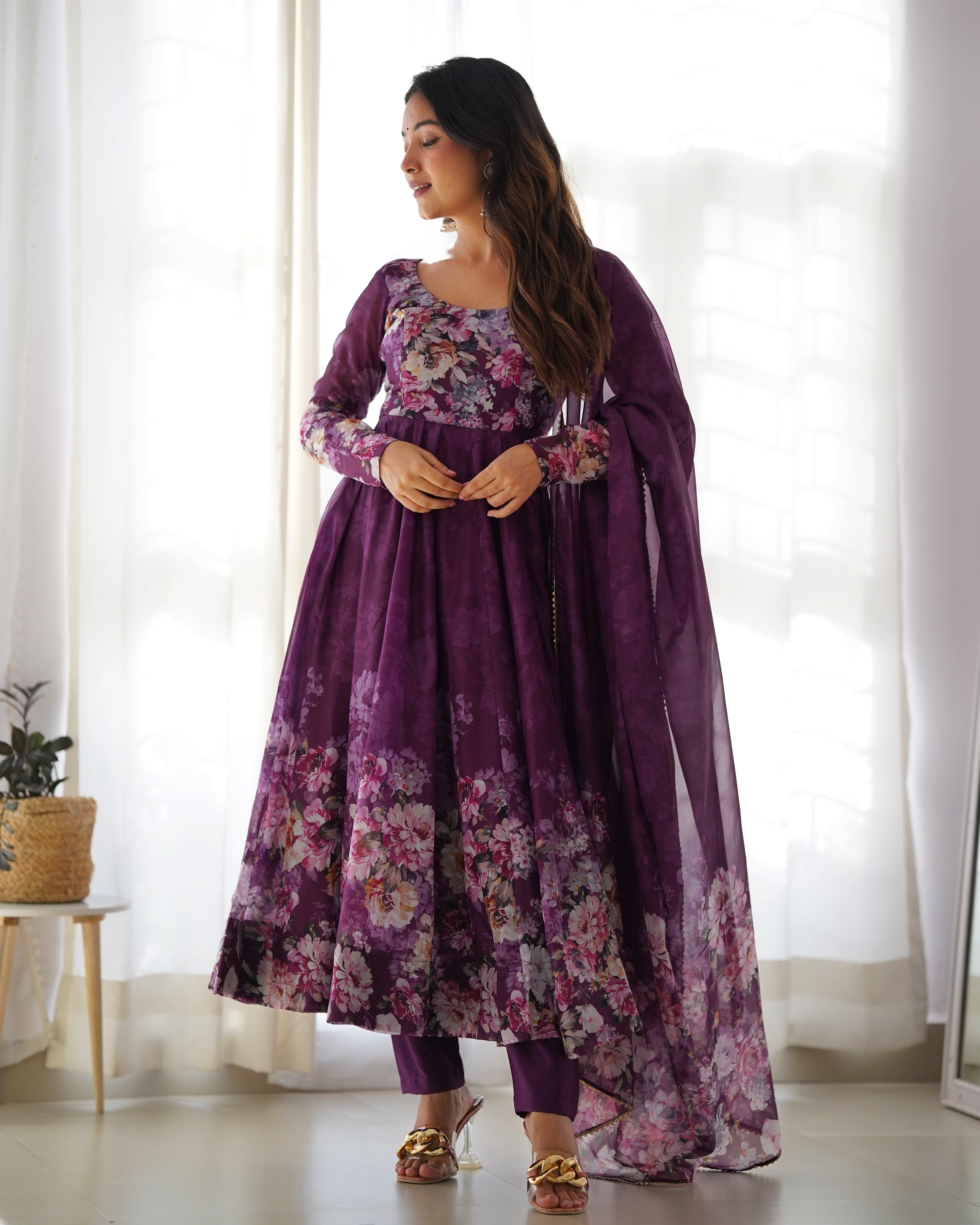 Wine Organza Silk Floral Printed Anarkali Suit Set with Gota Patti Dupatta
