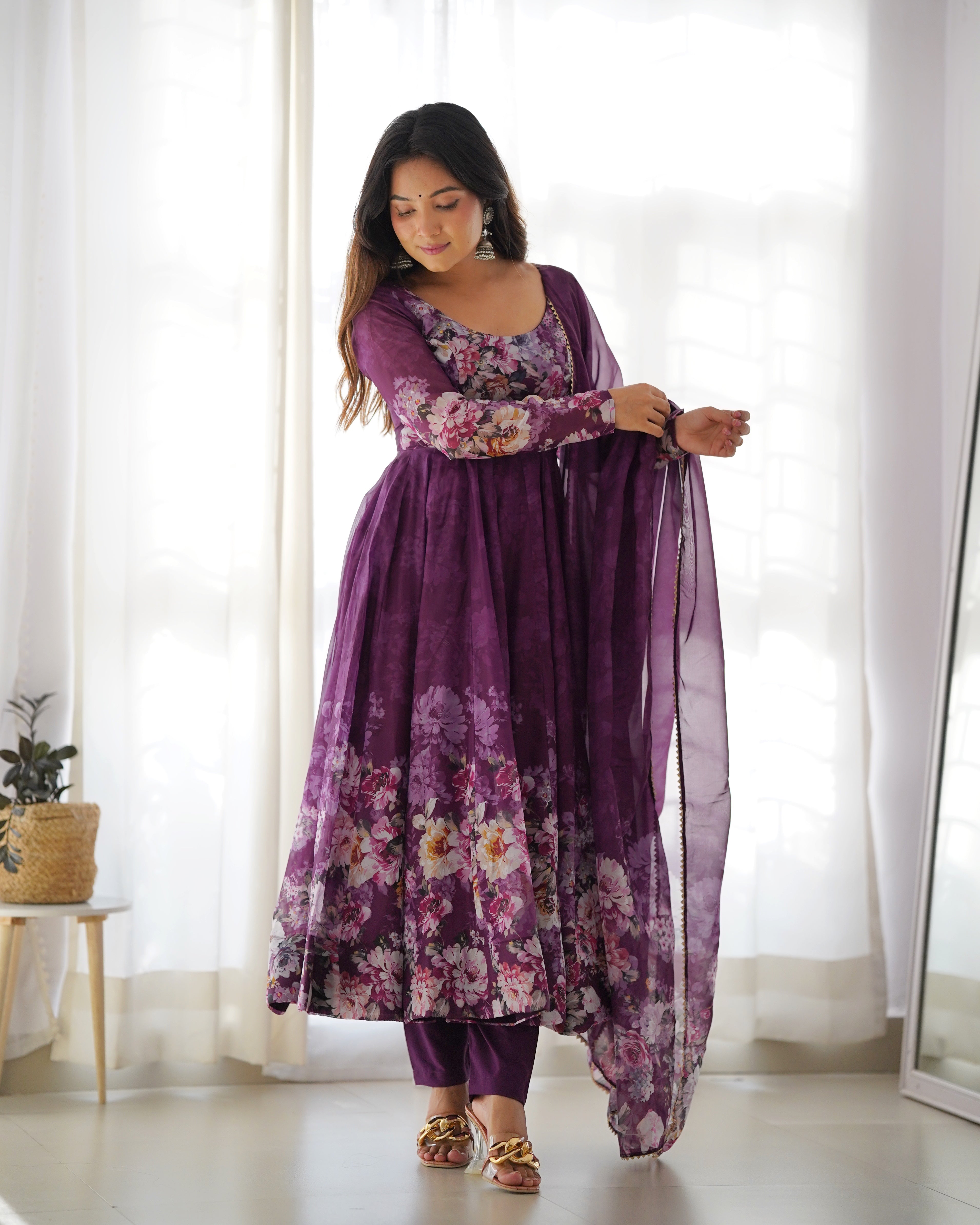 Wine Organza Silk Floral Printed Anarkali Suit Set with Gota Patti Dupatta