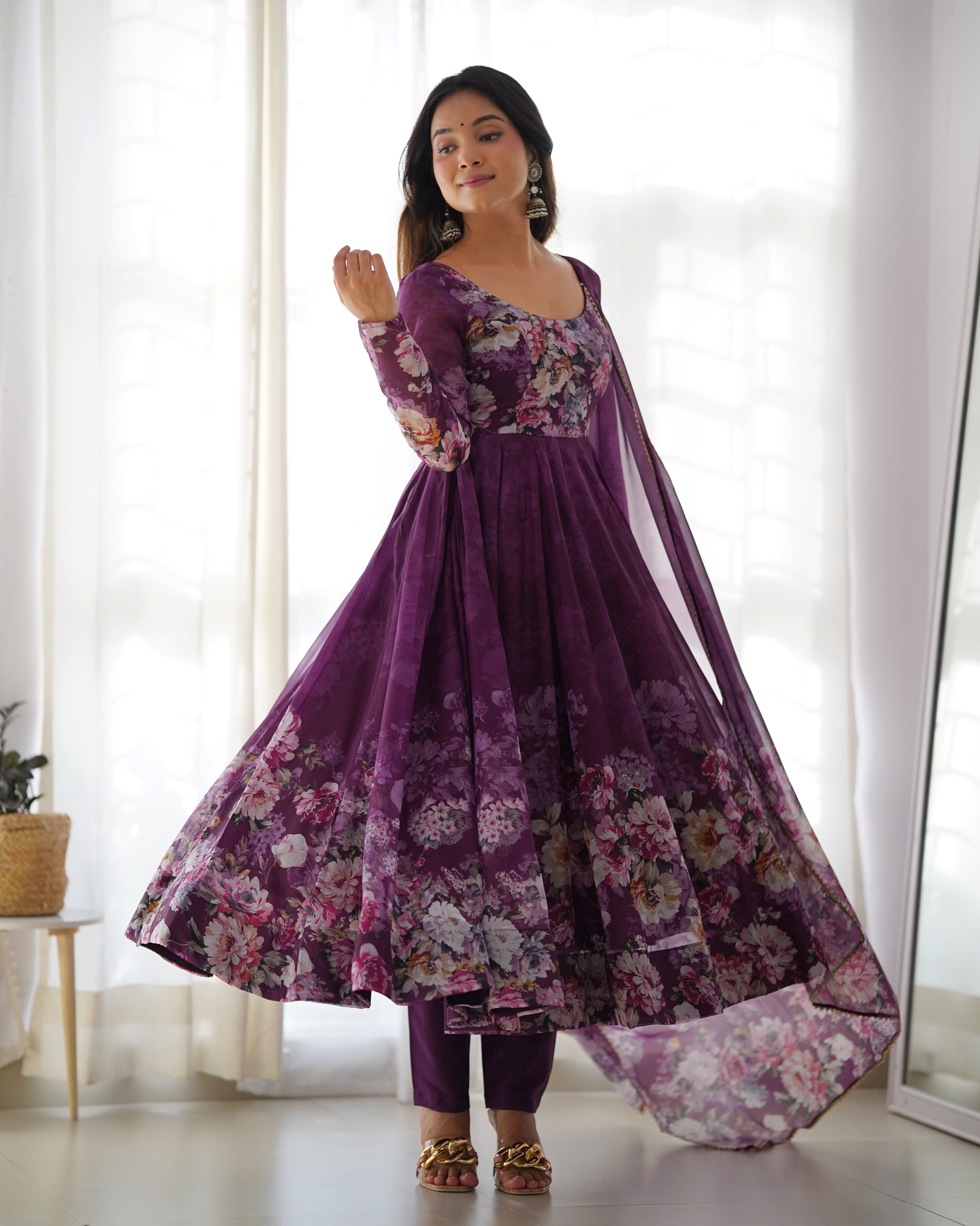 Wine Organza Silk Floral Printed Anarkali Suit Set with Gota Patti Dupatta