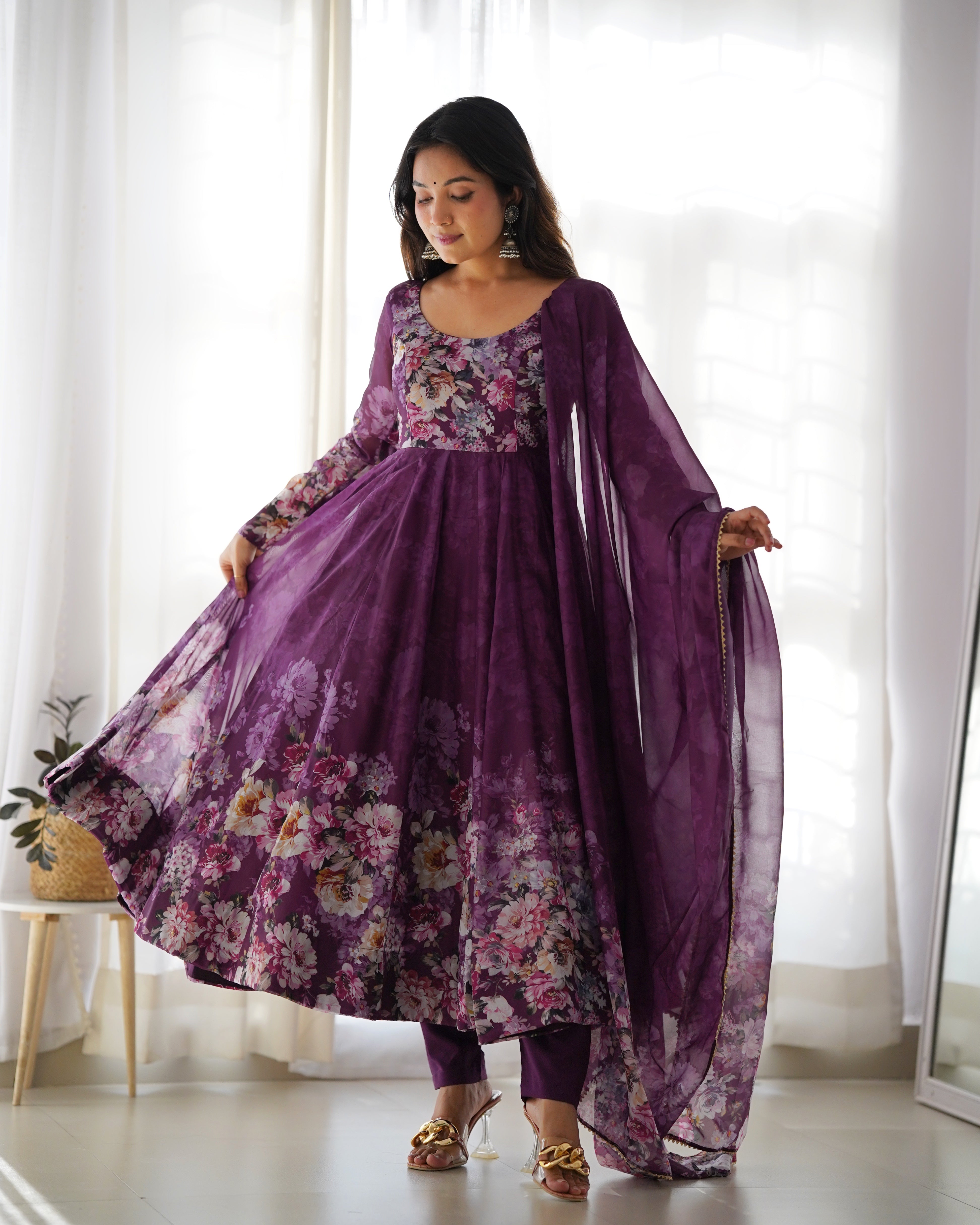 Wine Organza Silk Floral Printed Anarkali Suit Set with Gota Patti Dupatta