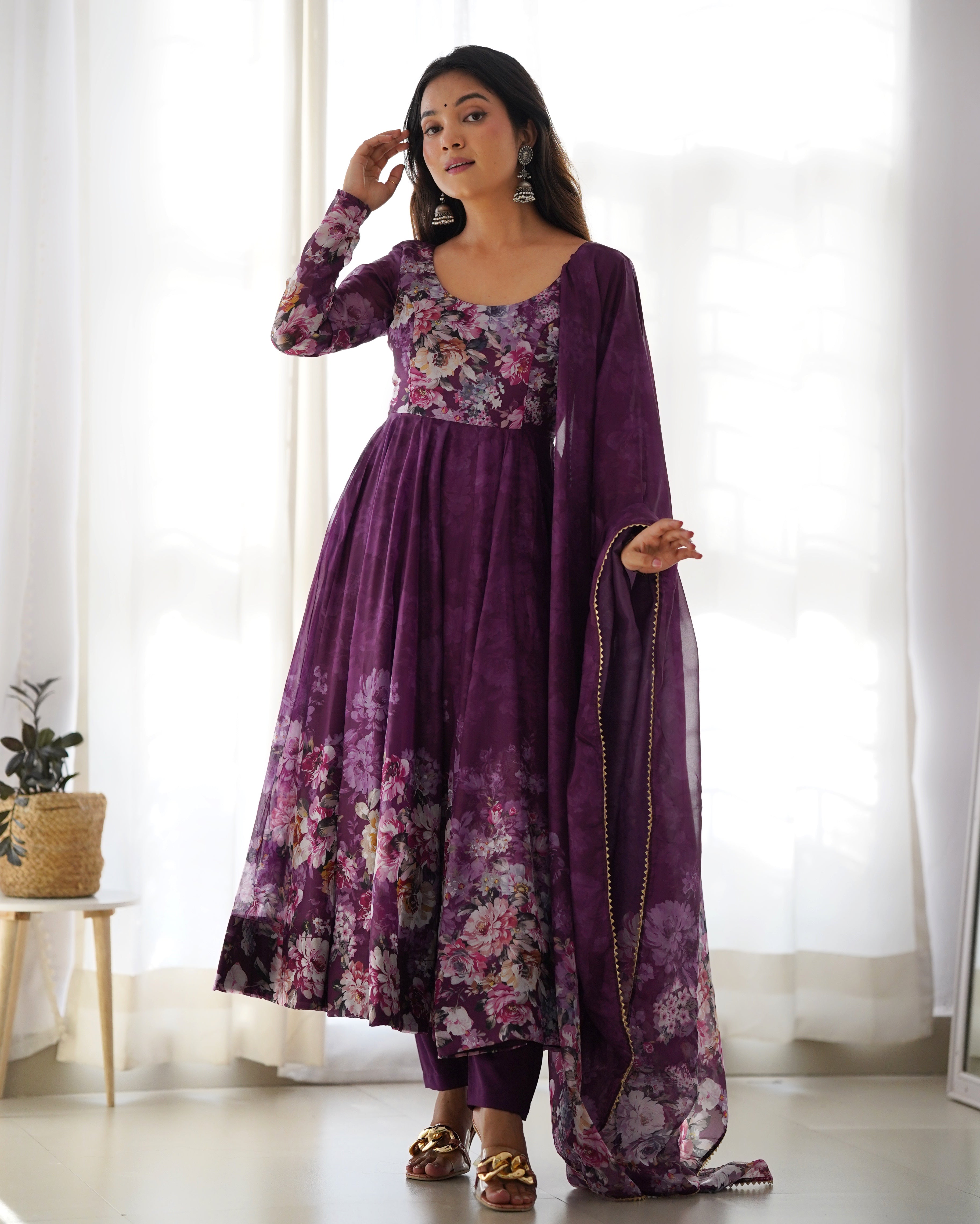 Wine Organza Silk Floral Printed Anarkali Suit Set with Gota Patti Dupatta