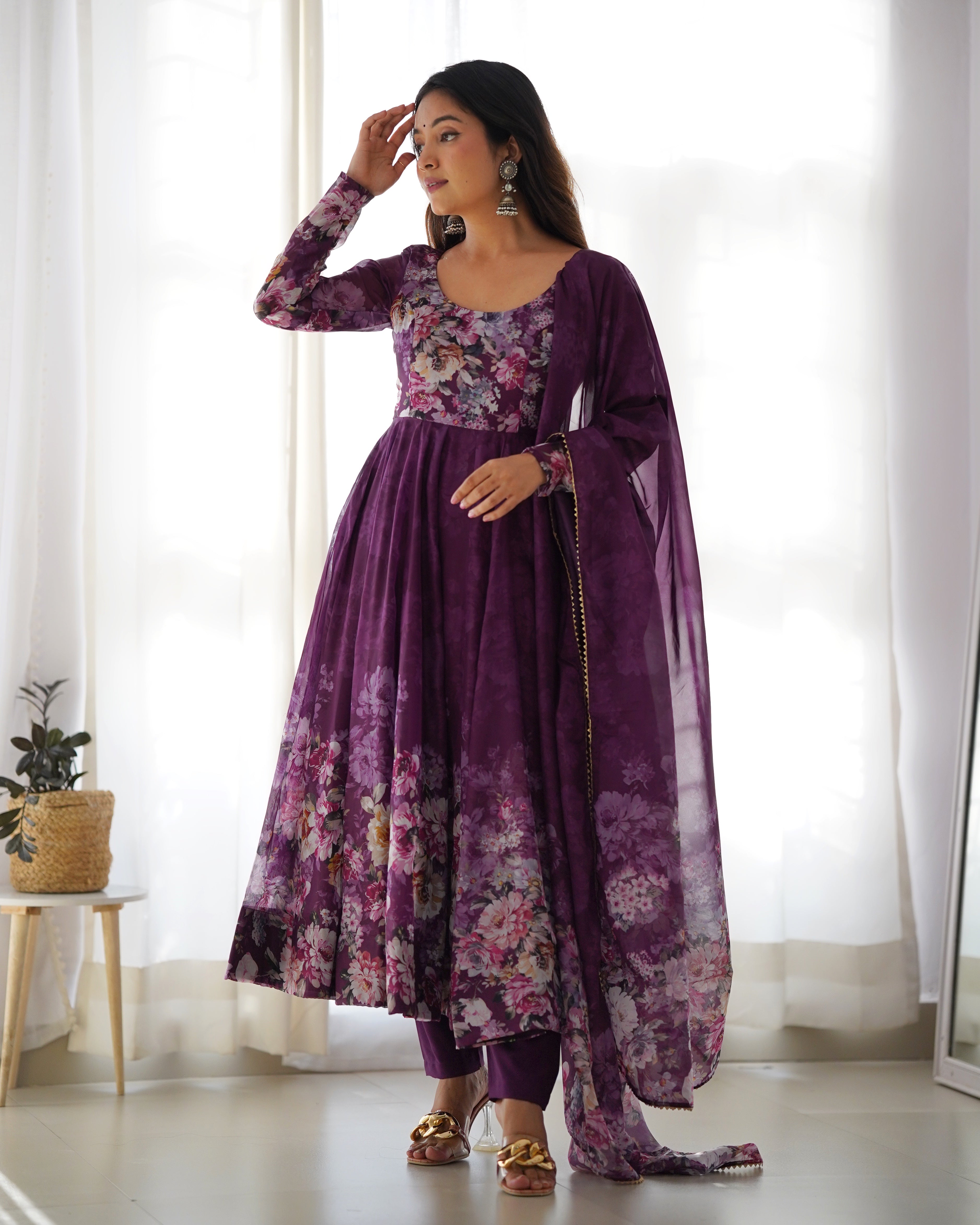 Wine Organza Silk Floral Printed Anarkali Suit Set with Gota Patti Dupatta