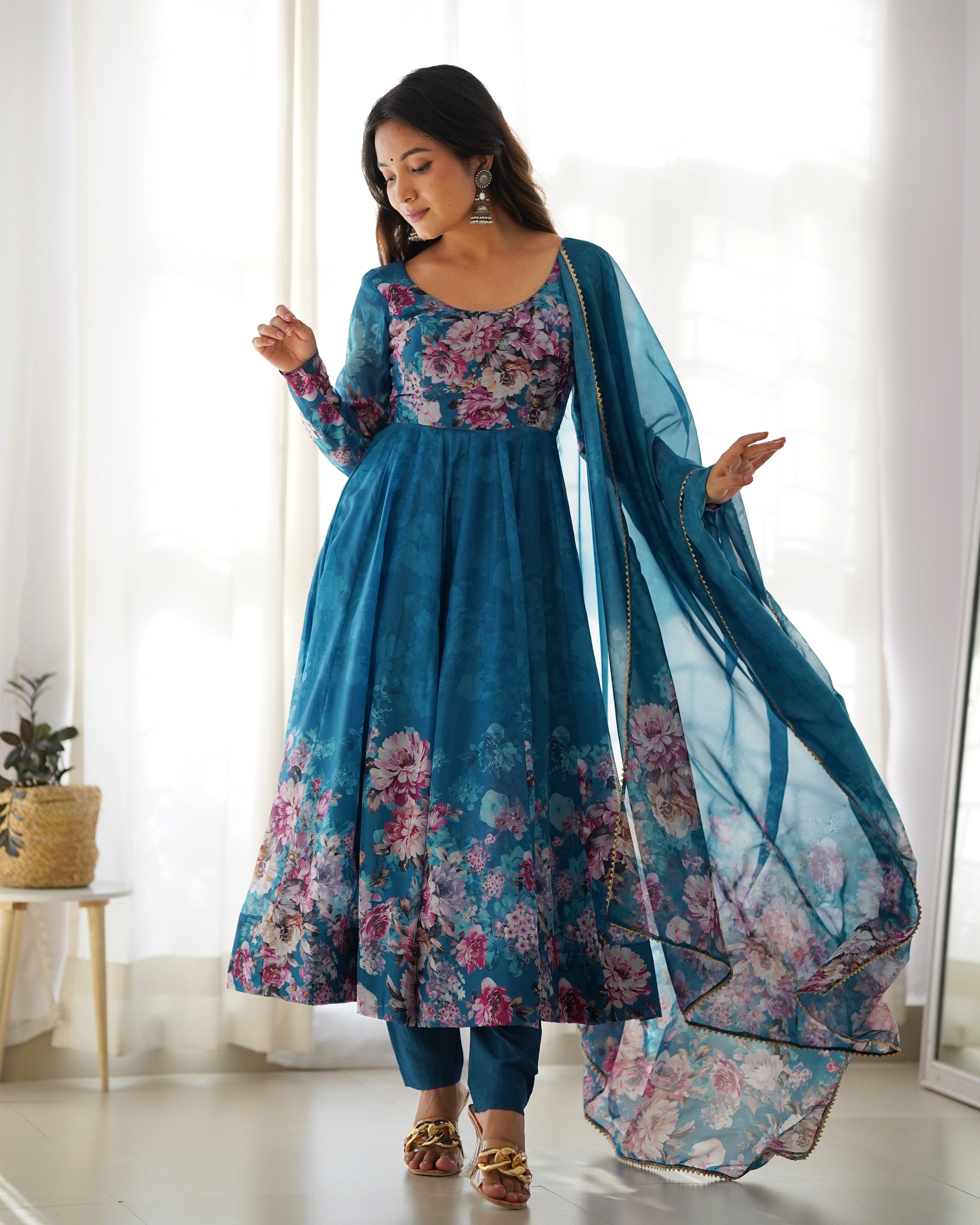 Rama Blue Organza Silk Floral Printed Anarkali Suit Set with Gota Patti Dupatta