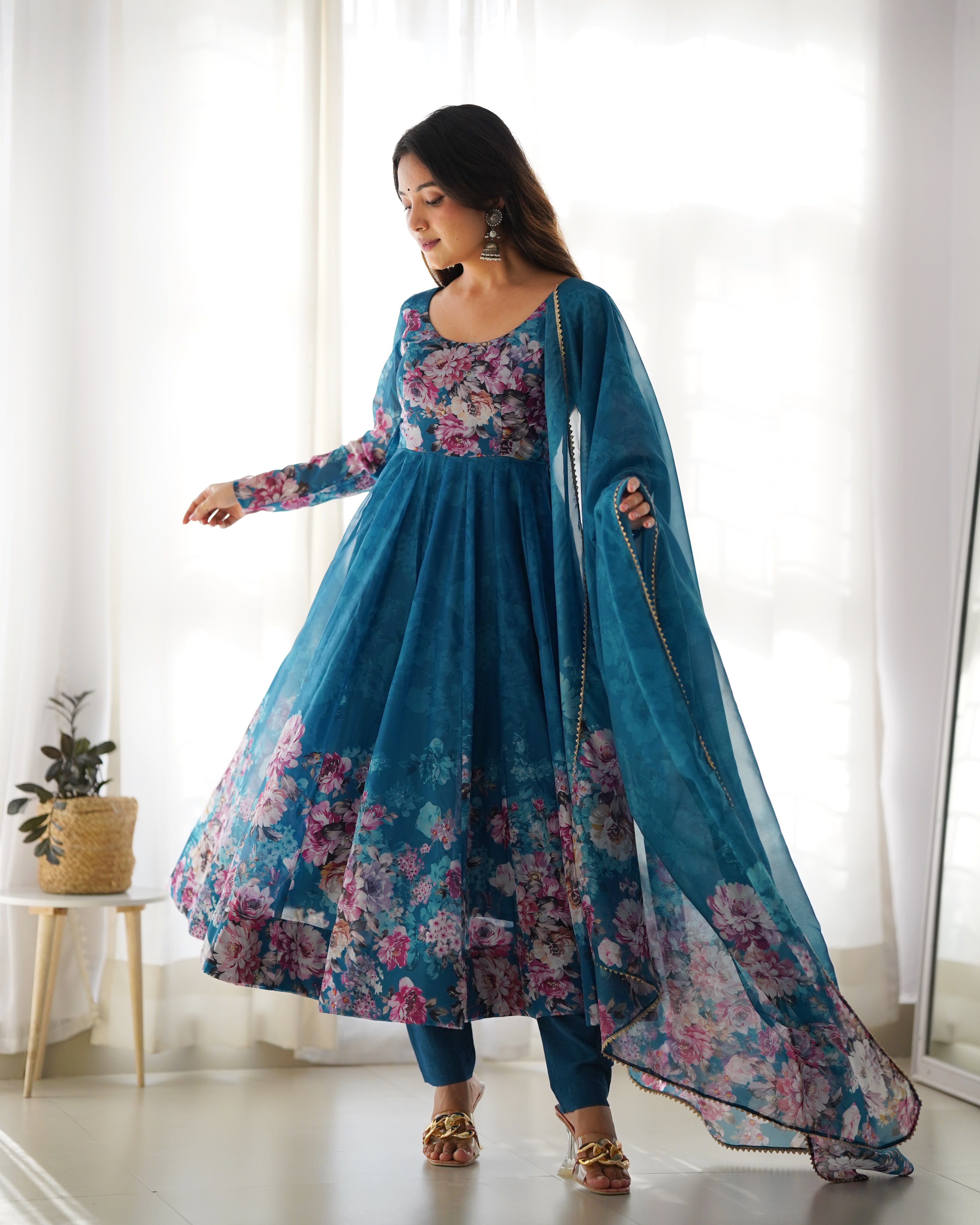 Rama Blue Organza Silk Floral Printed Anarkali Suit Set with Gota Patti Dupatta