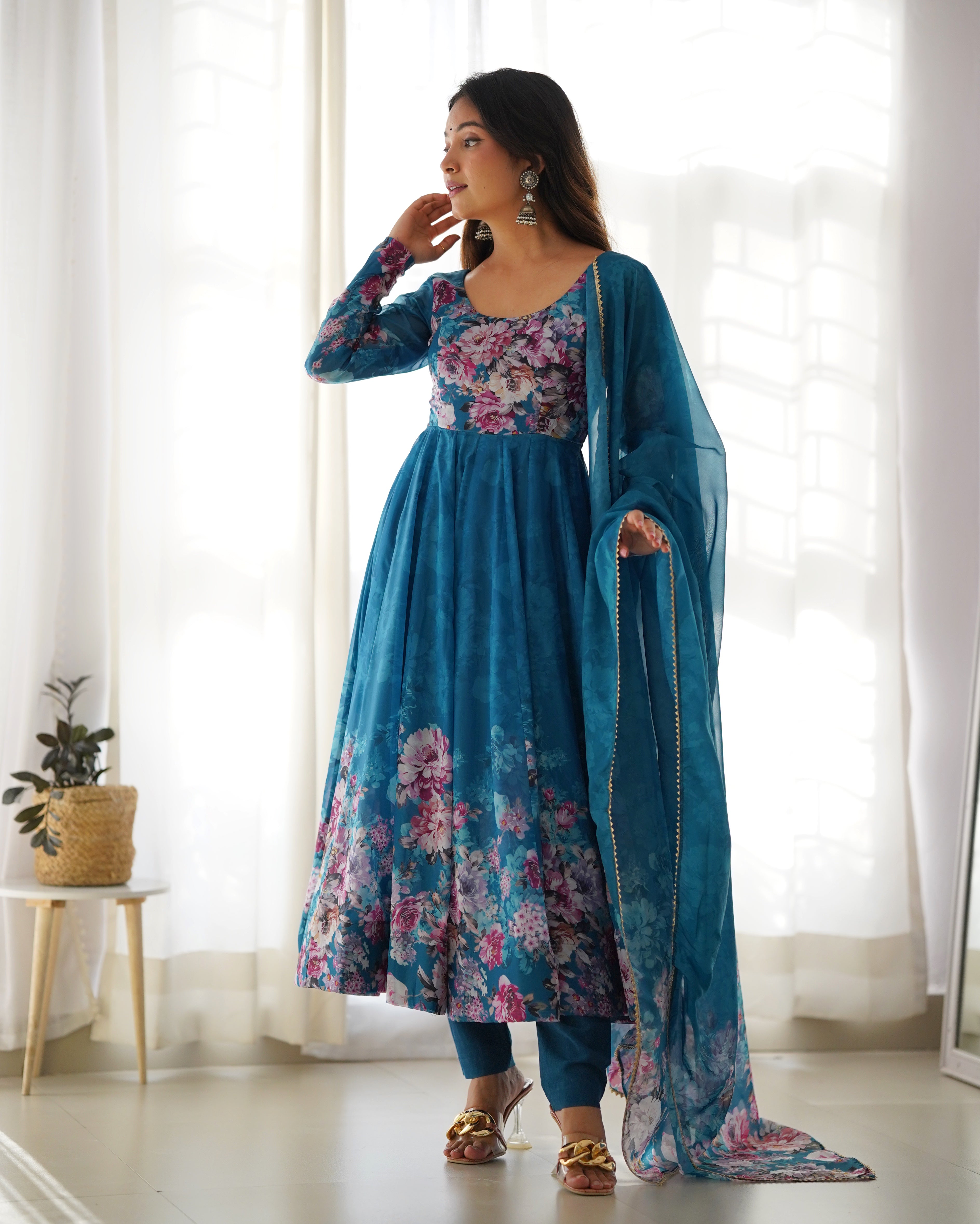 Rama Blue Organza Silk Floral Printed Anarkali Suit Set with Gota Patti Dupatta