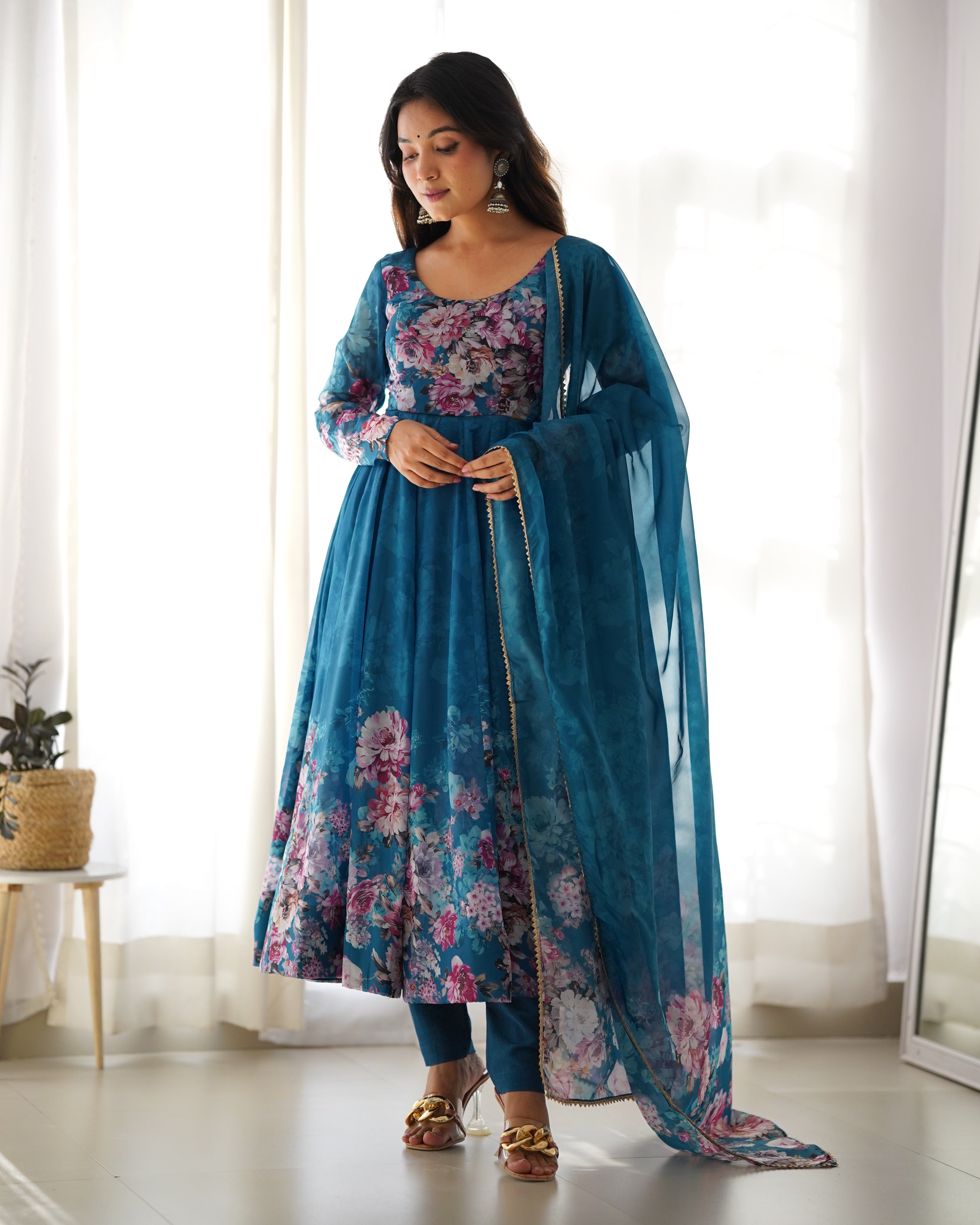 Rama Blue Organza Silk Floral Printed Anarkali Suit Set with Gota Patti Dupatta