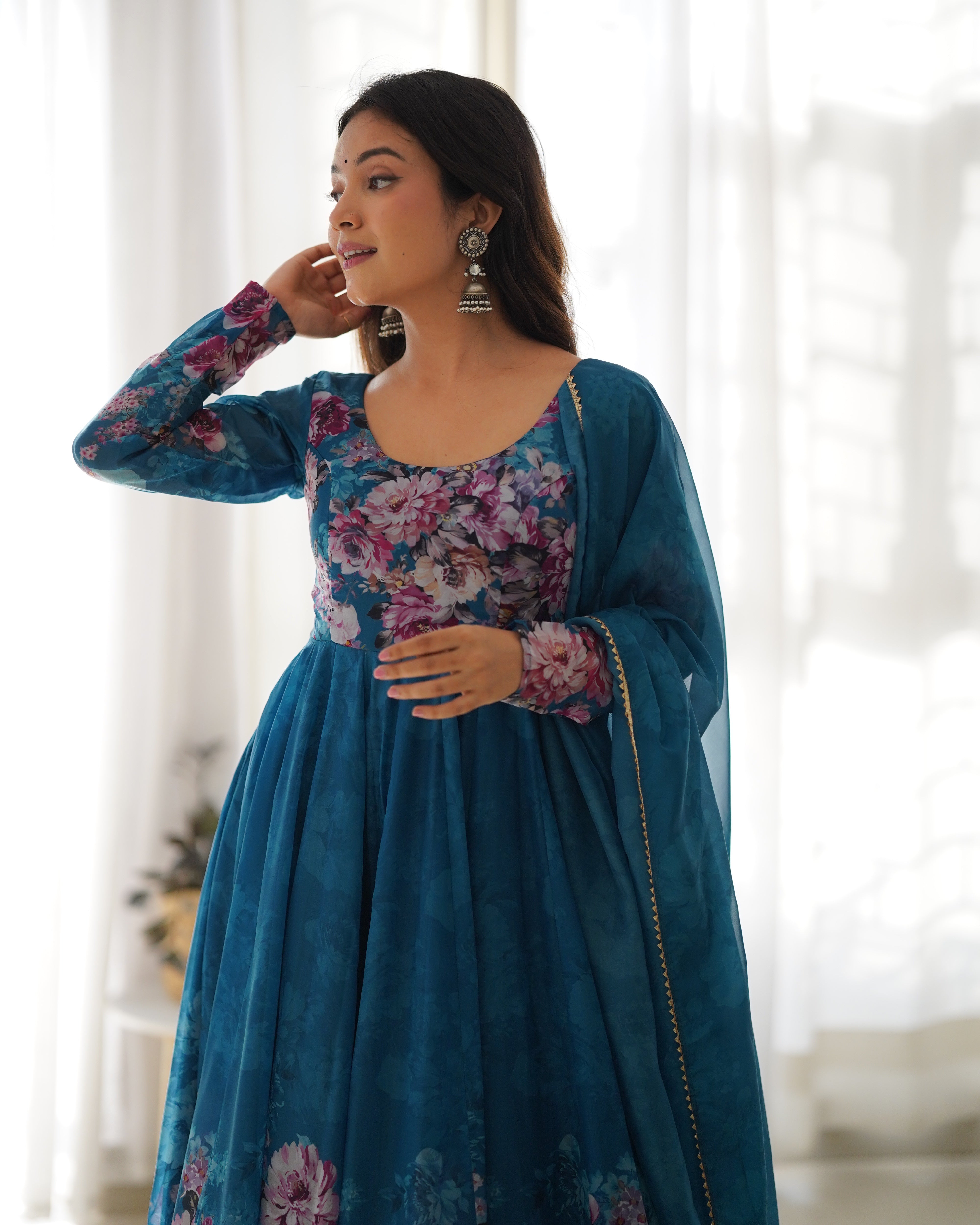 Rama Blue Organza Silk Floral Printed Anarkali Suit Set with Gota Patti Dupatta