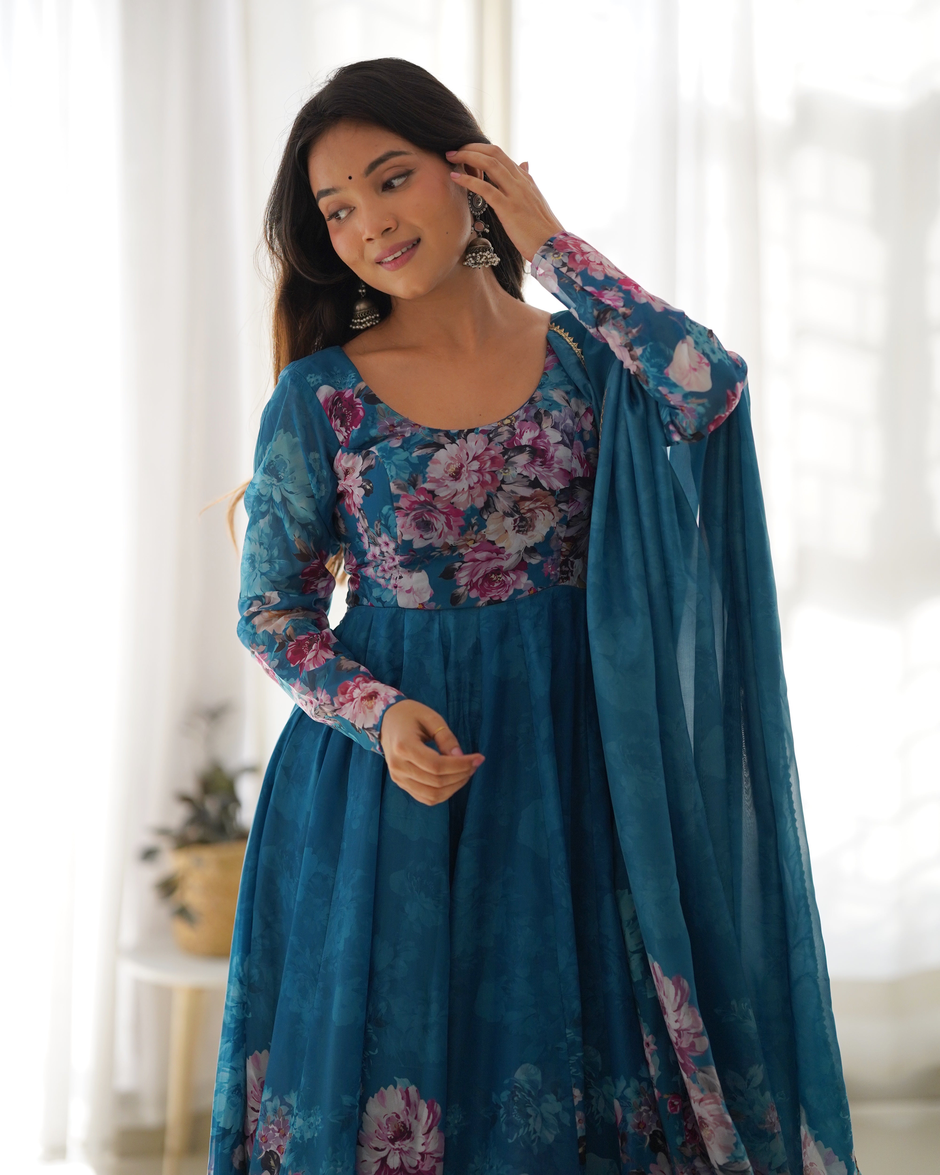 Rama Blue Organza Silk Floral Printed Anarkali Suit Set with Gota Patti Dupatta