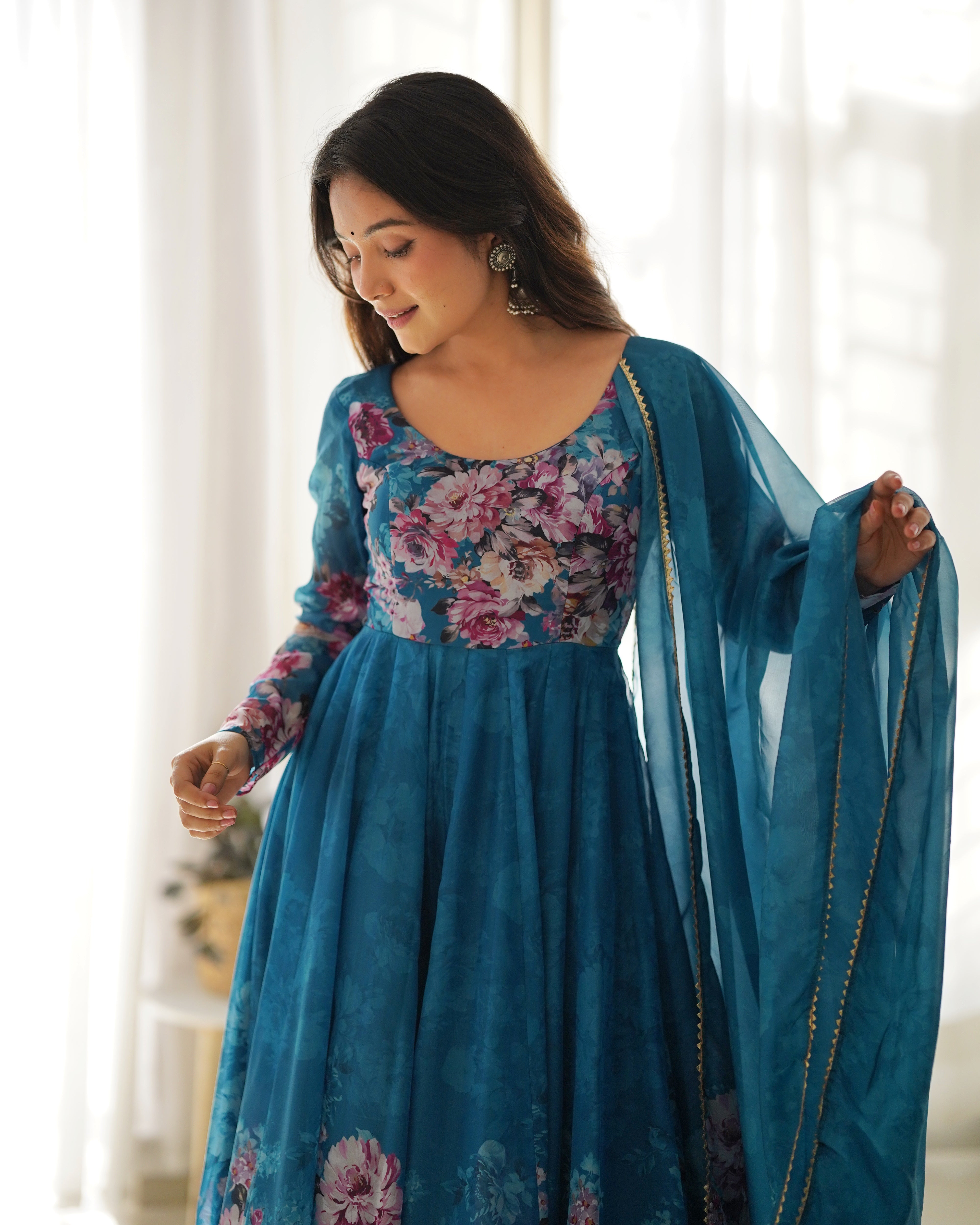 Rama Blue Organza Silk Floral Printed Anarkali Suit Set with Gota Patti Dupatta