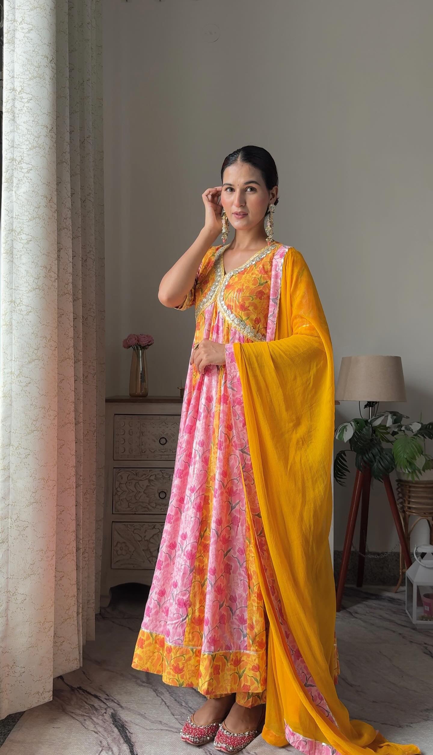 Yellow and Pink Lurex Printed Anarkali Set