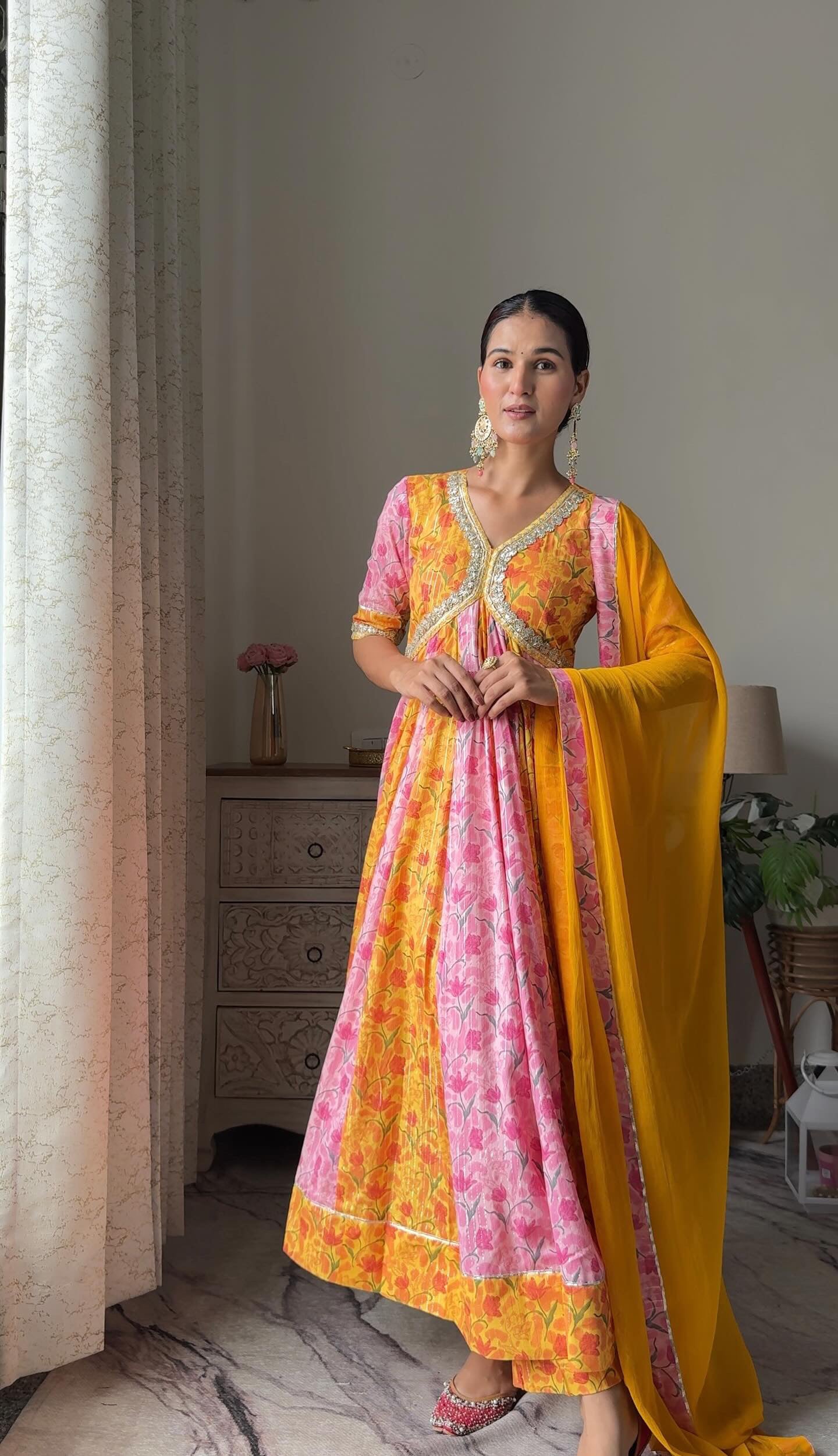 Yellow and Pink Lurex Printed Anarkali Set